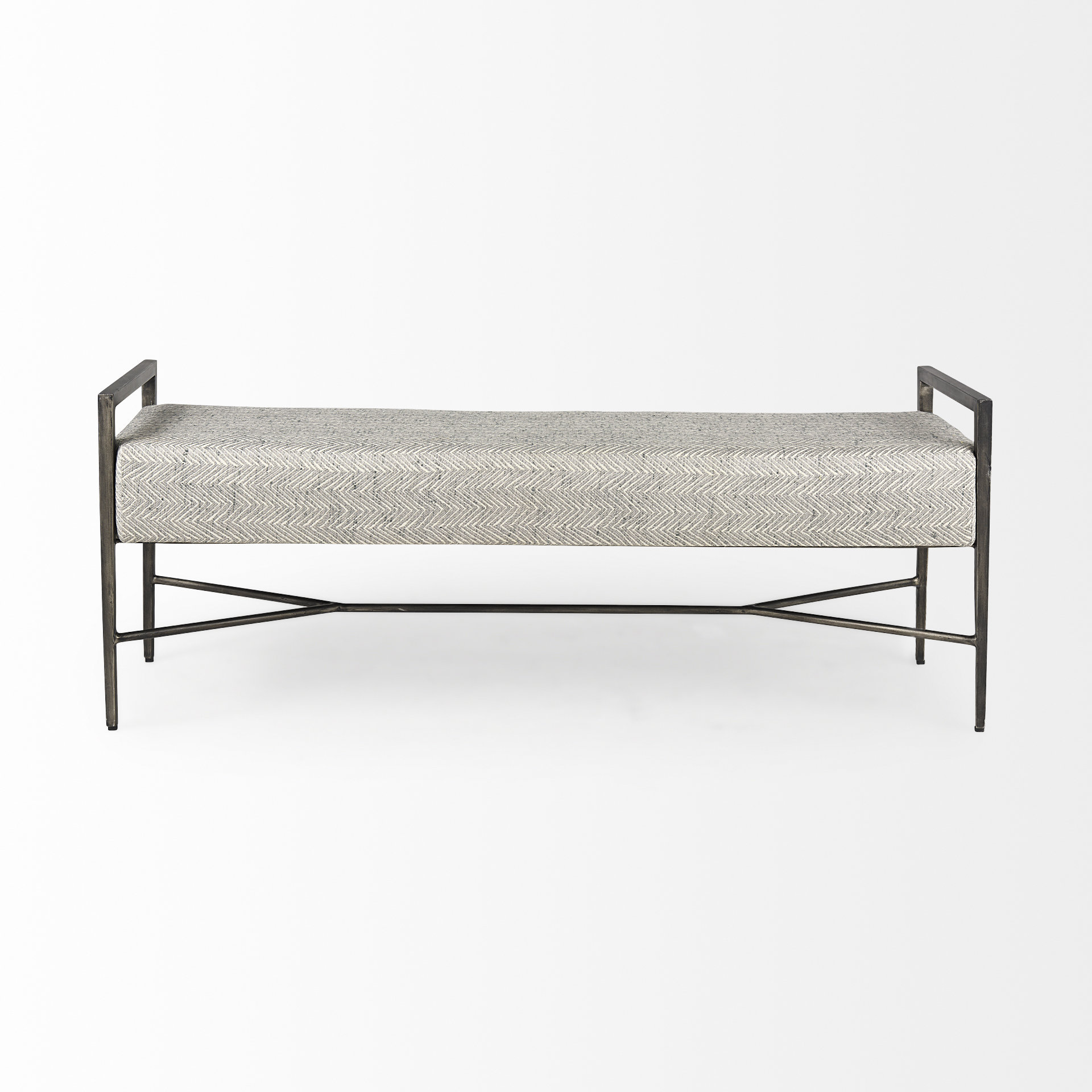 charlotte 55.0l gray herringbone fabric seat w/ antique nickel metal frame bench