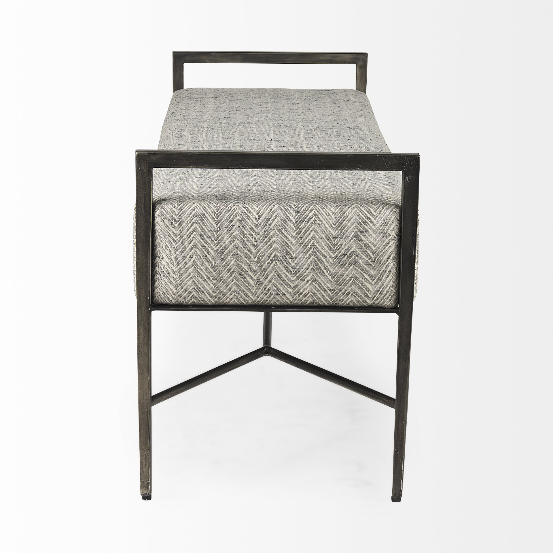 charlotte 55.0l gray herringbone fabric seat w/ antique nickel metal frame bench