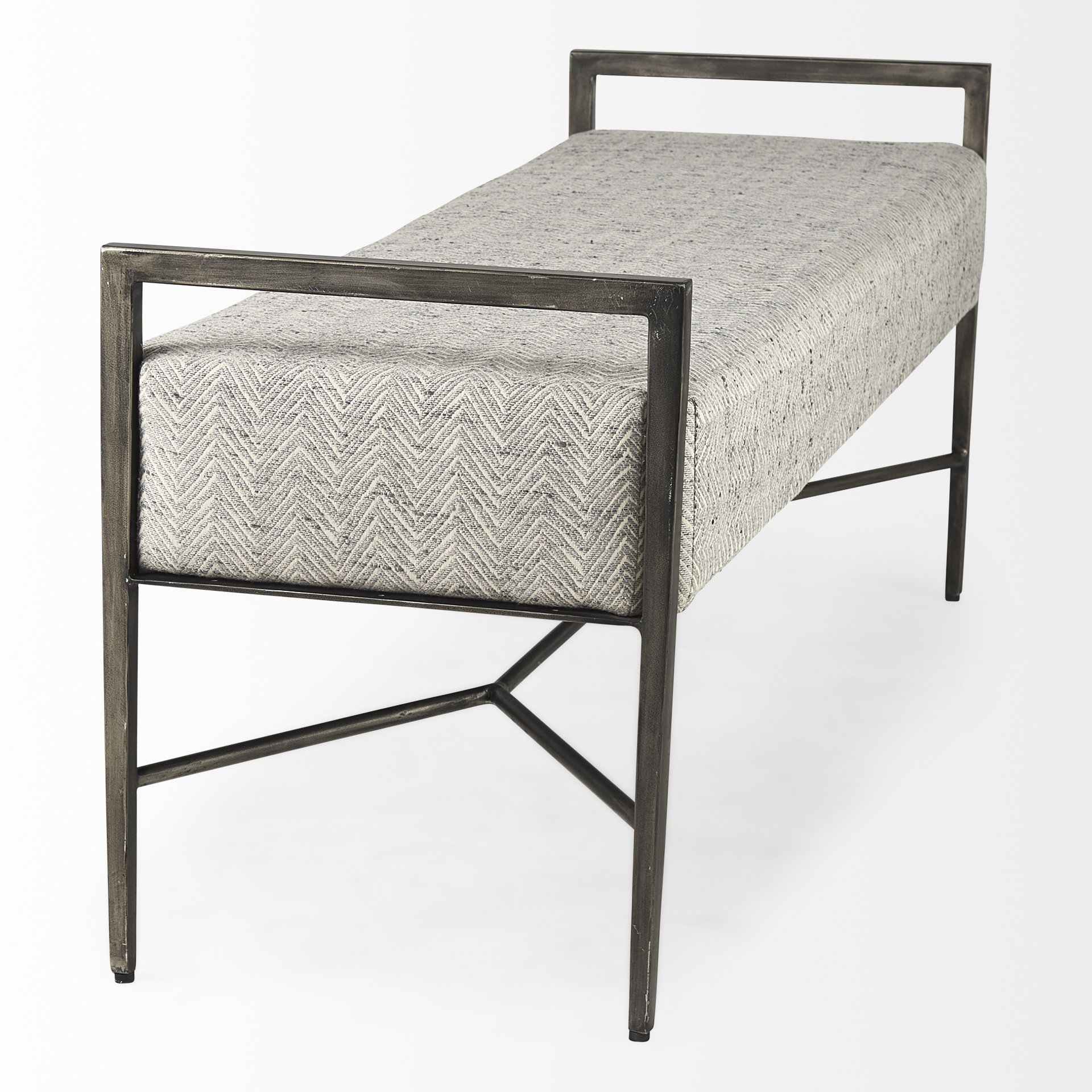 charlotte 55.0l gray herringbone fabric seat w/ antique nickel metal frame bench