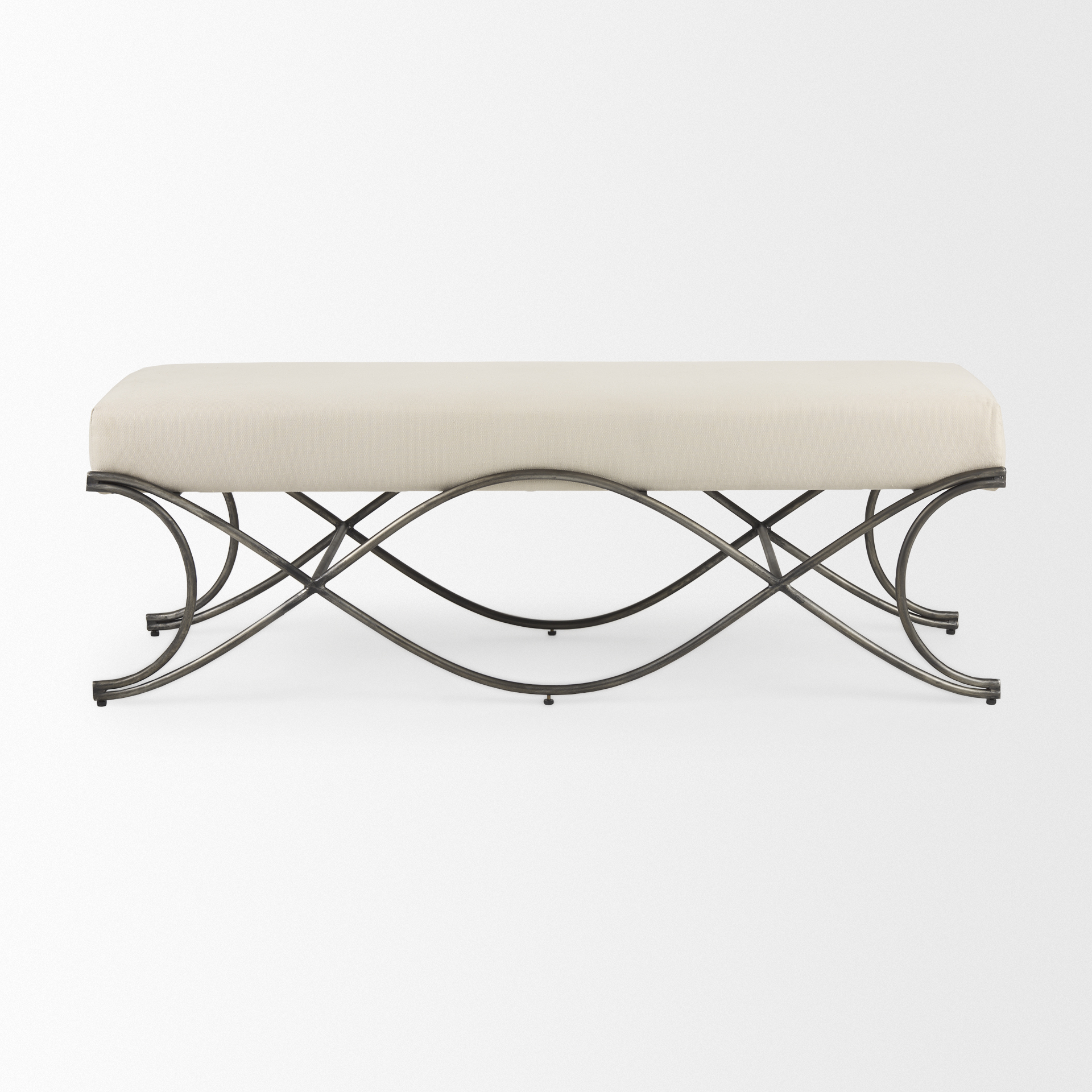 ayla 55l x 17.6w x 18h cream fabric seat w/ antique nickel frame bench
