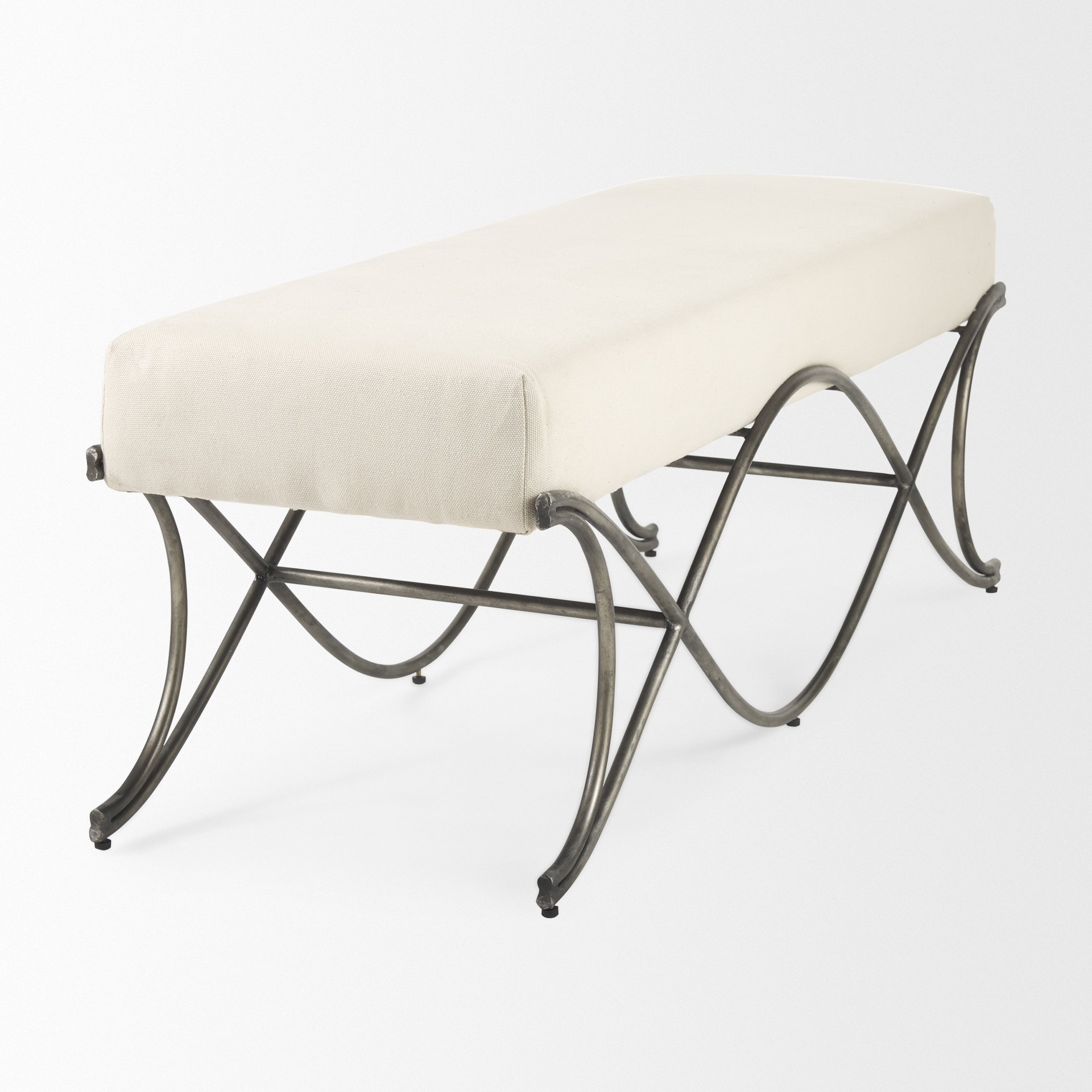 ayla 55l x 17.6w x 18h cream fabric seat w/ antique nickel frame bench