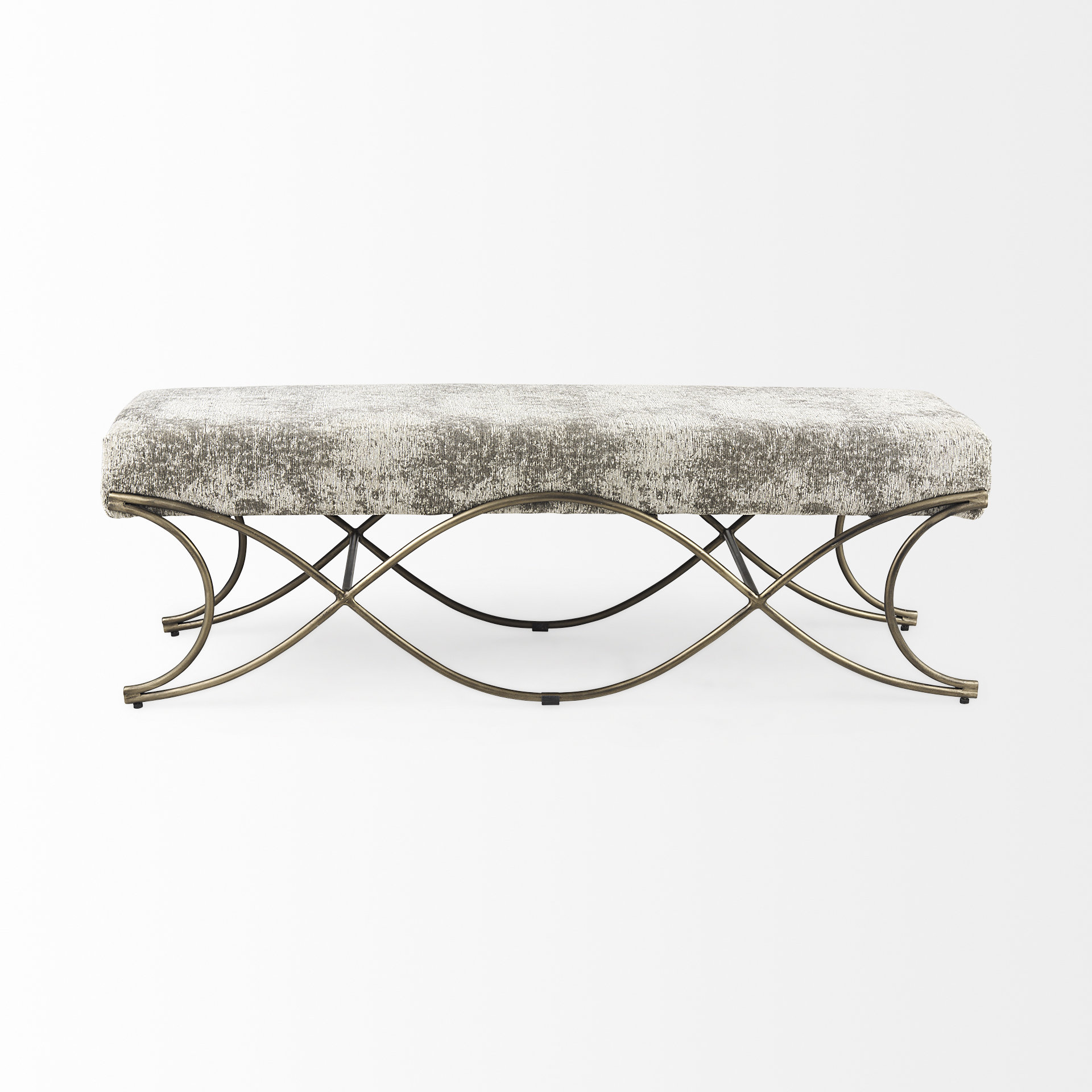 ayla 55l x 17.6w x 18h light and dark gray fabric seat w/ antique gold metal frame bench