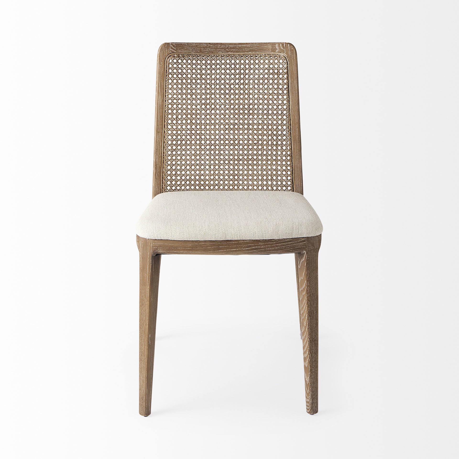 clara light brown wood w/ cream fabric seat and cane back armless dining chair