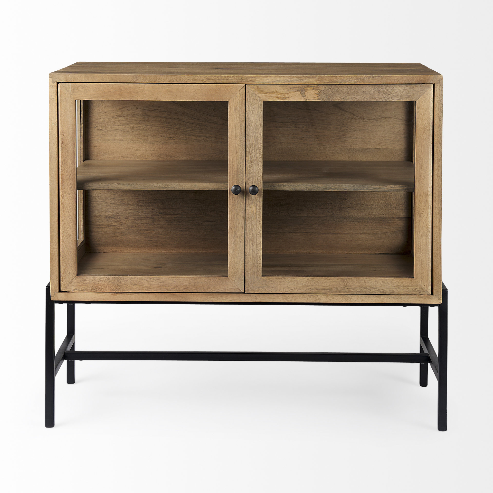 arelius 36l x 18w x 32h light brown wood, black metal base w/ 2 glass doors accent cabinet