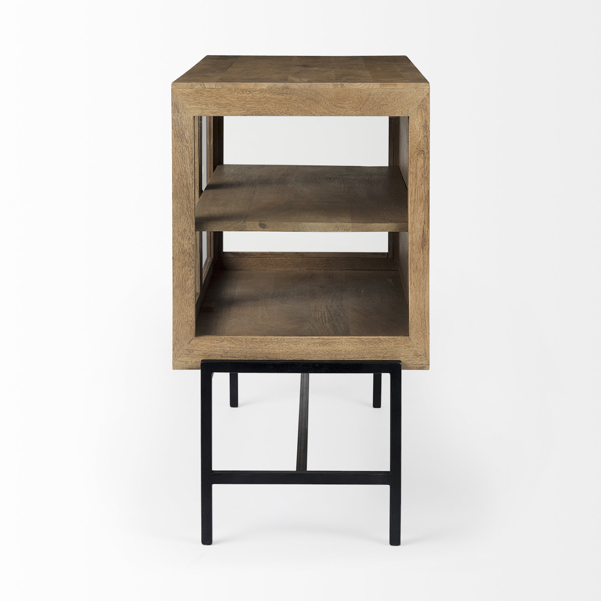 arelius 36l x 18w x 32h light brown wood, black metal base w/ 2 glass doors accent cabinet