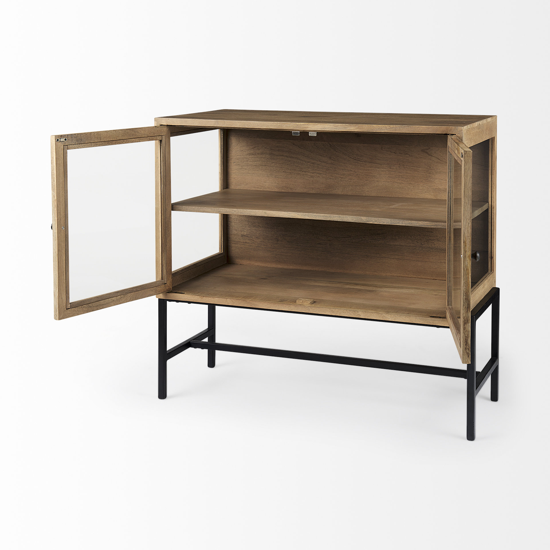 arelius 36l x 18w x 32h light brown wood, black metal base w/ 2 glass doors accent cabinet