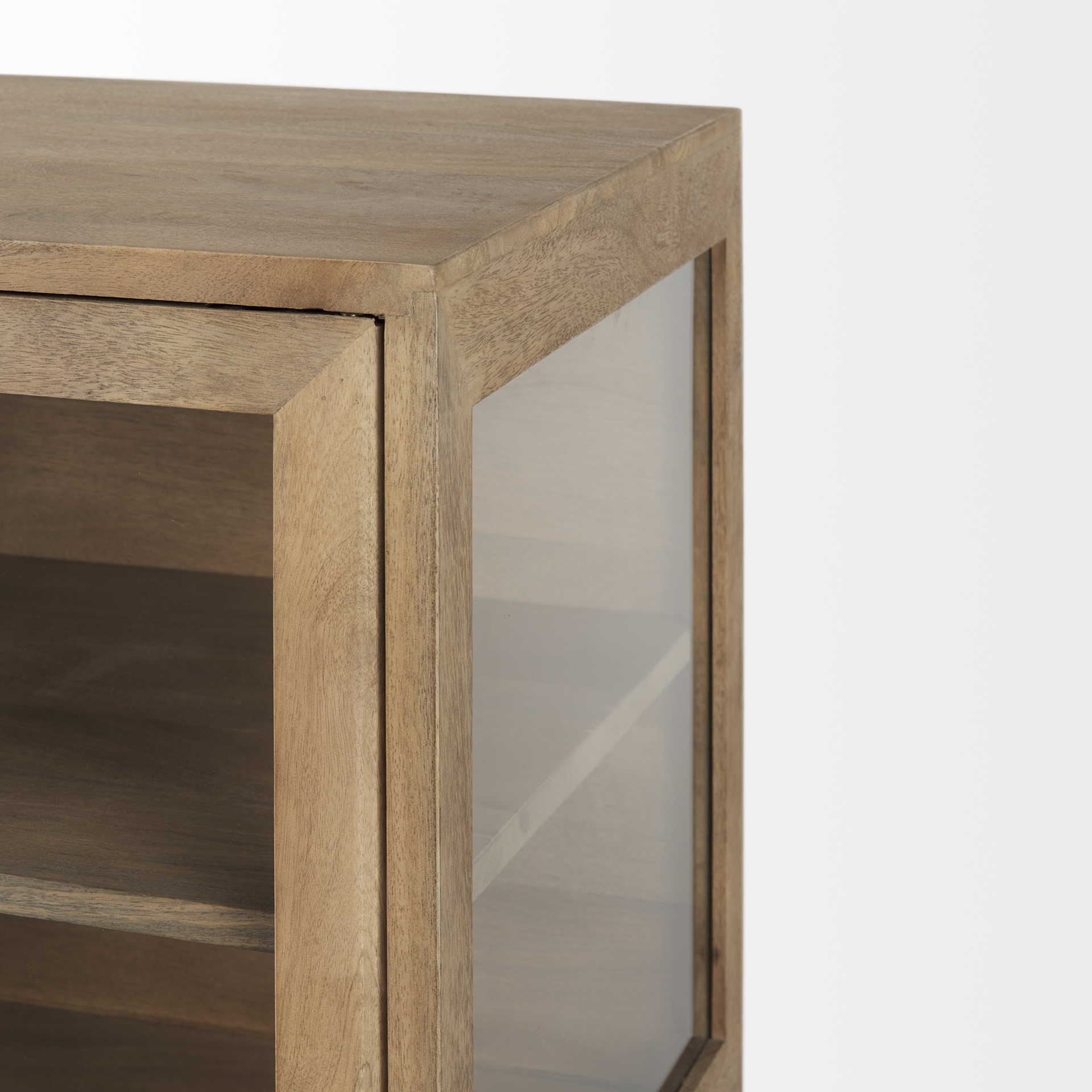 arelius 36l x 18w x 32h light brown wood, black metal base w/ 2 glass doors accent cabinet