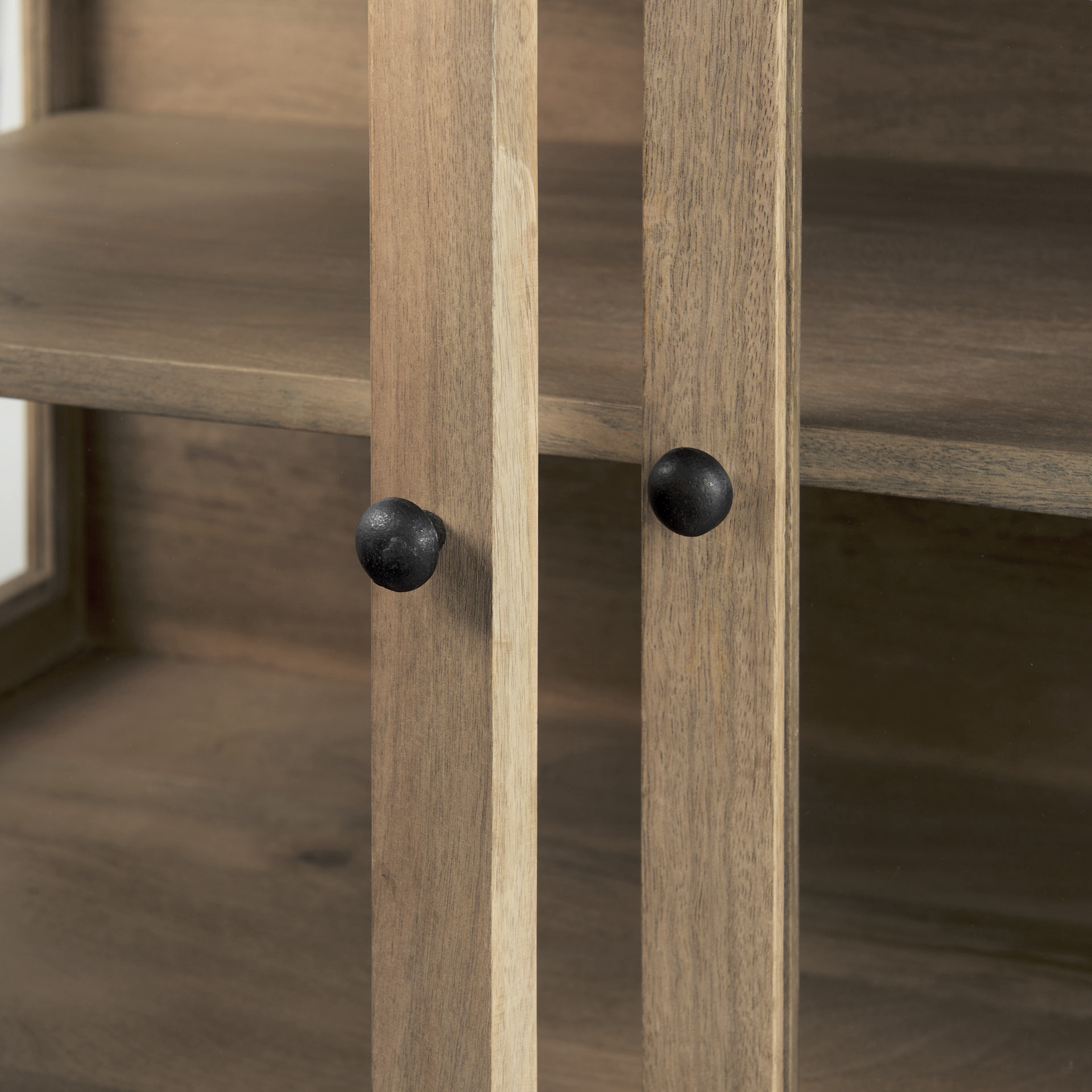arelius 36l x 18w x 32h light brown wood, black metal base w/ 2 glass doors accent cabinet