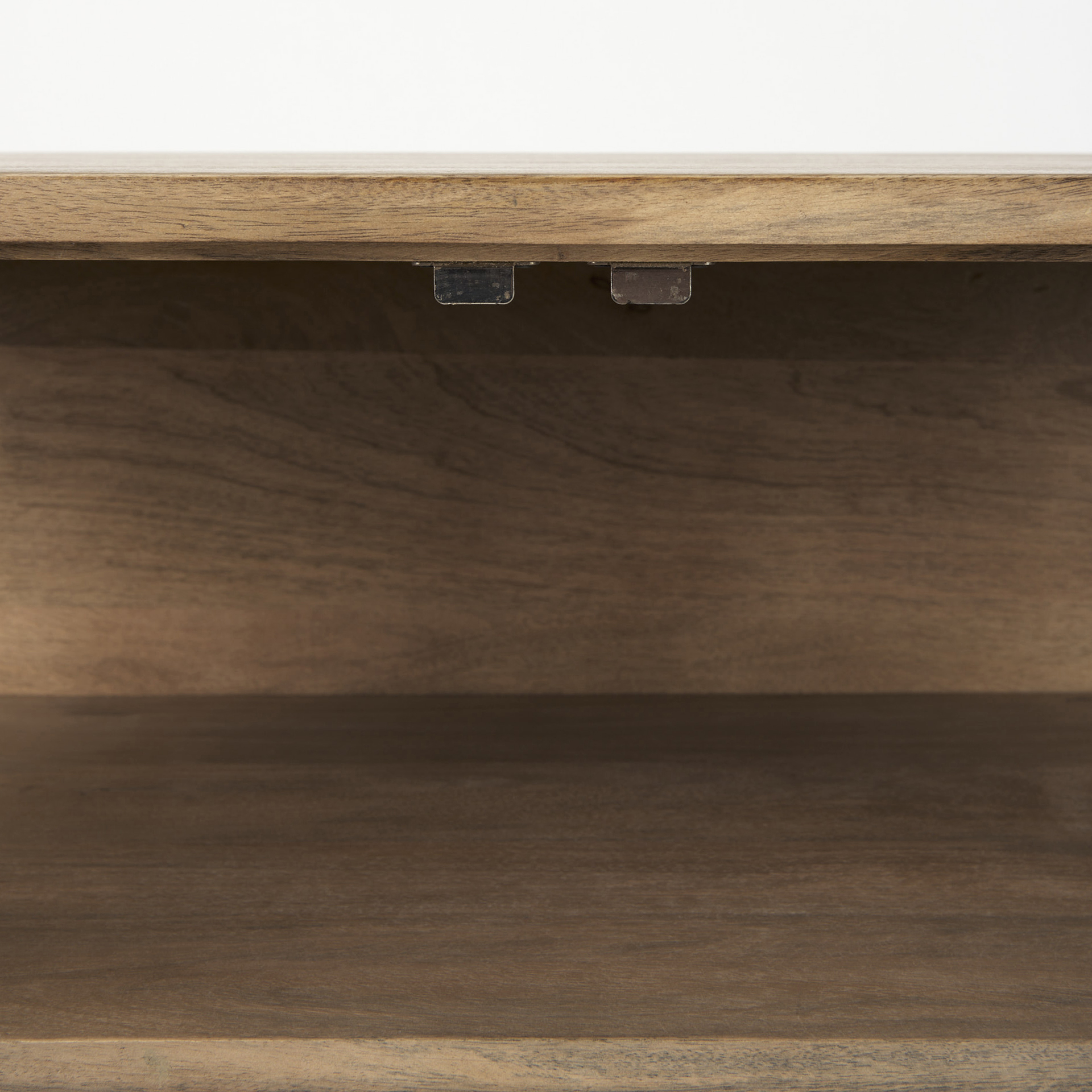 arelius 36l x 18w x 32h light brown wood, black metal base w/ 2 glass doors accent cabinet