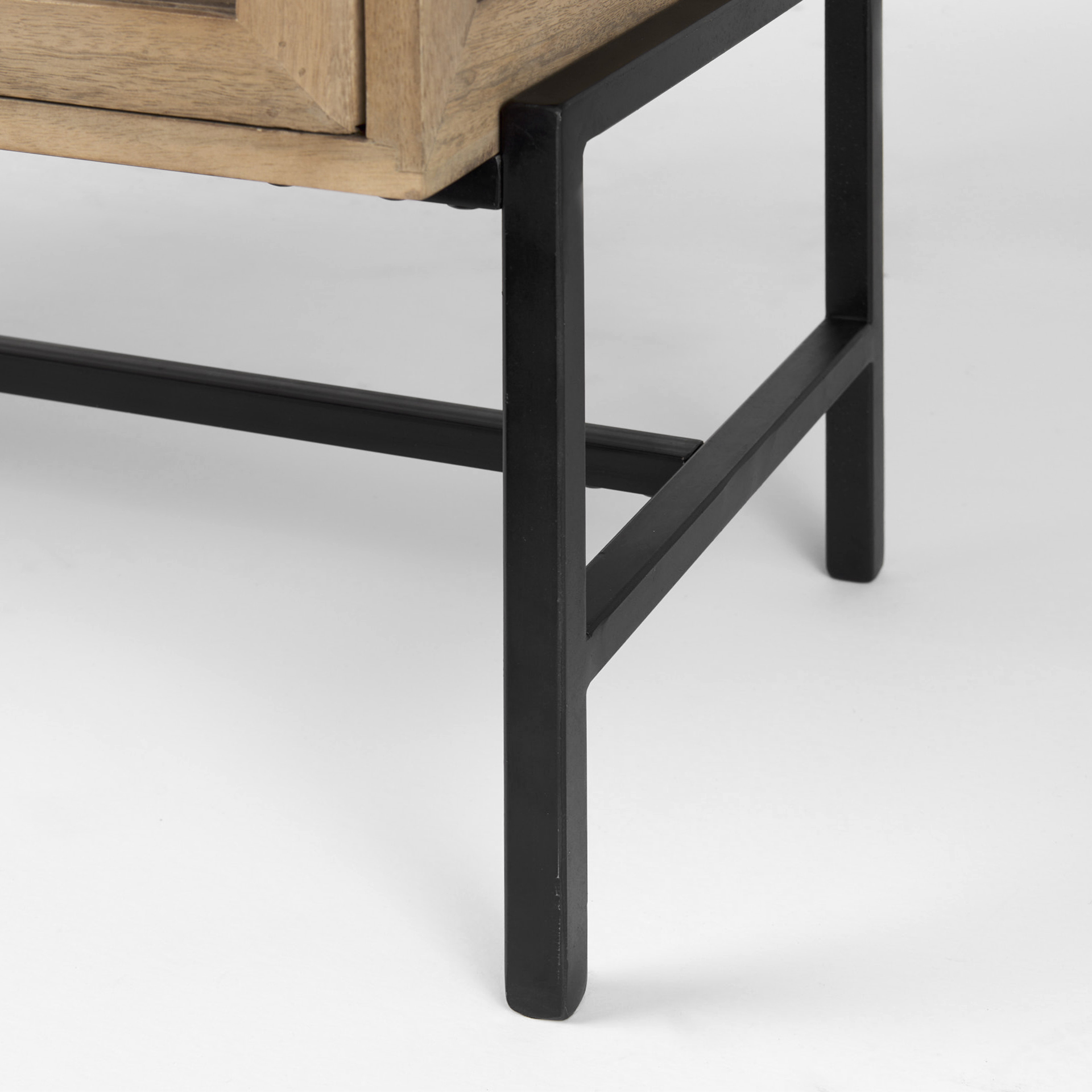 arelius 36l x 18w x 32h light brown wood, black metal base w/ 2 glass doors accent cabinet
