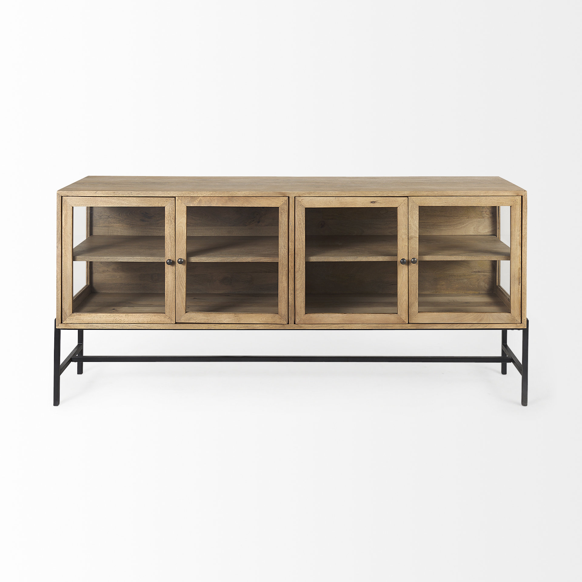 arelius 70l x 18w x 32h light brown wood, black metal base w/ 4 glass cabinet doors sideboard