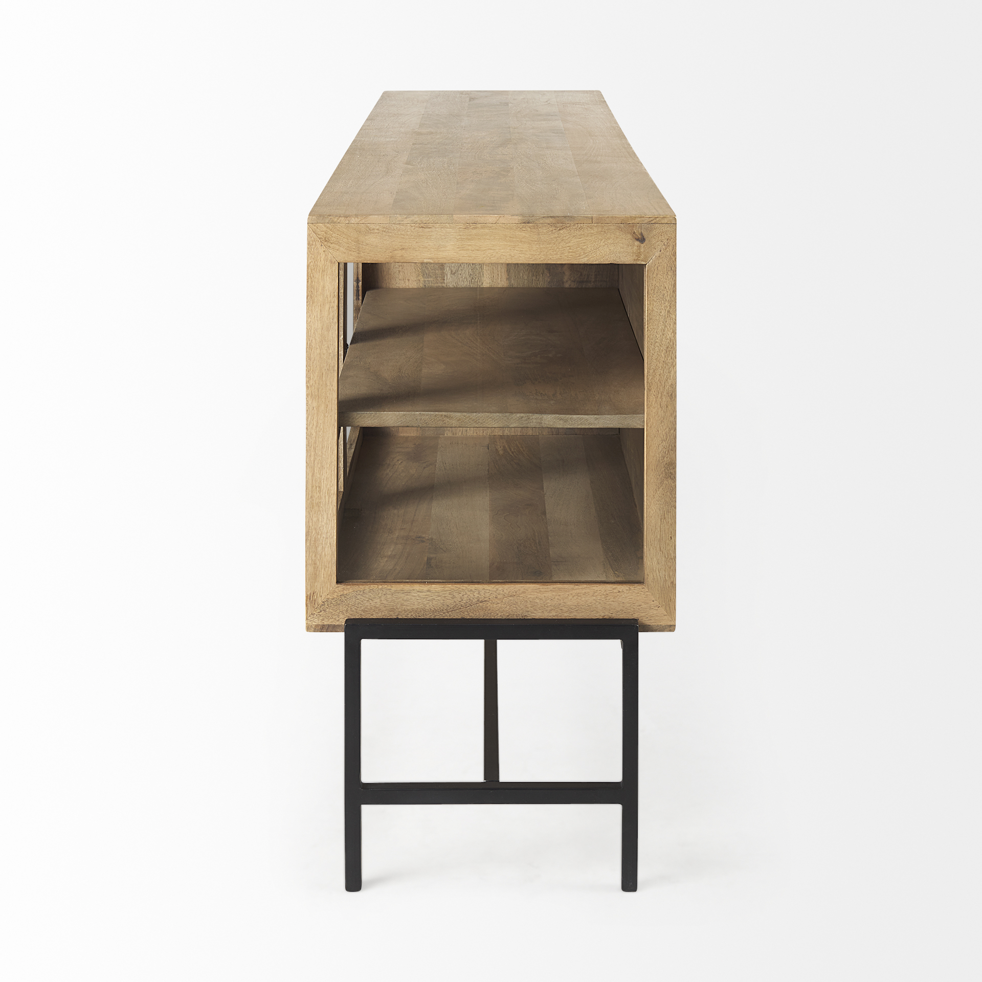 arelius 70l x 18w x 32h light brown wood, black metal base w/ 4 glass cabinet doors sideboard