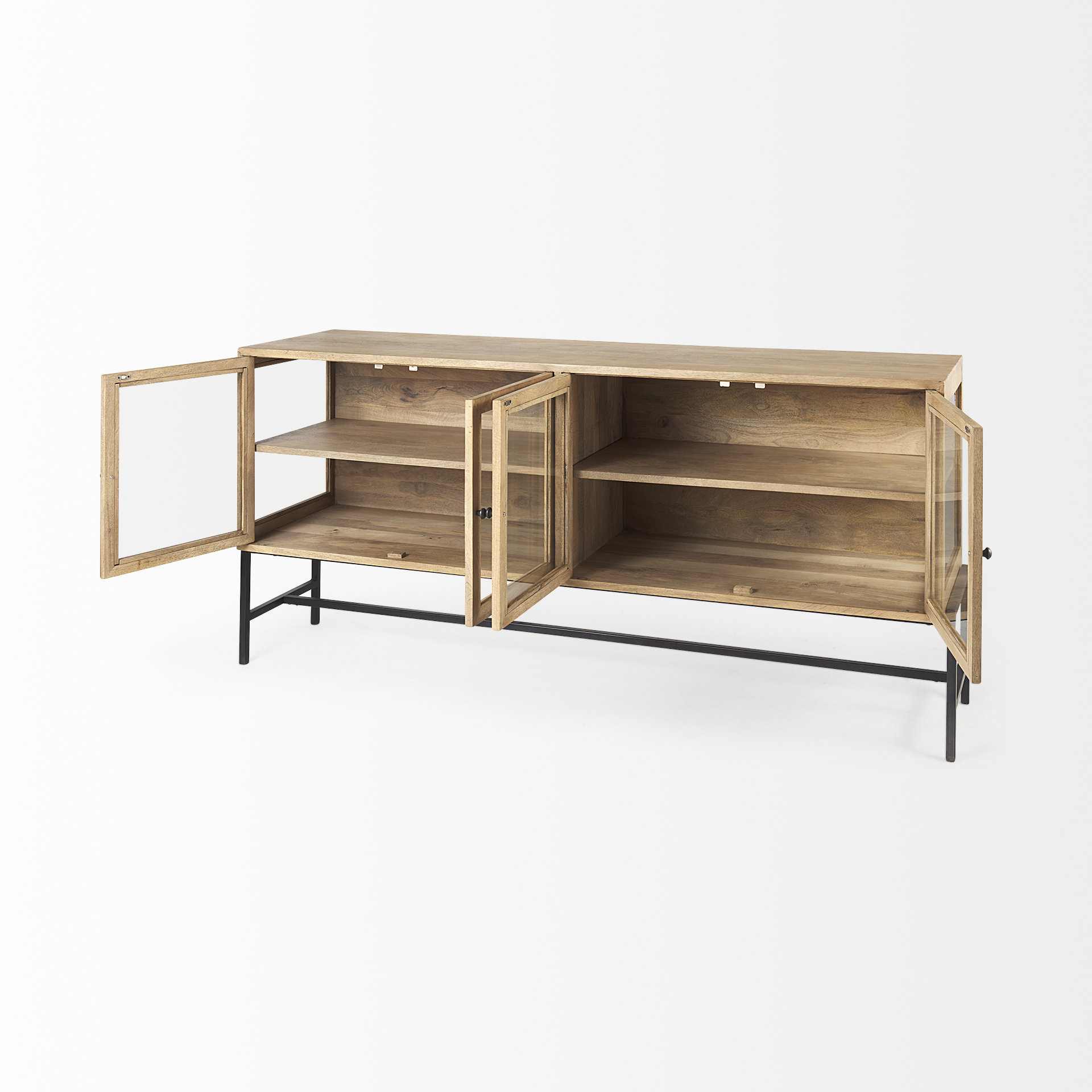 arelius 70l x 18w x 32h light brown wood, black metal base w/ 4 glass cabinet doors sideboard