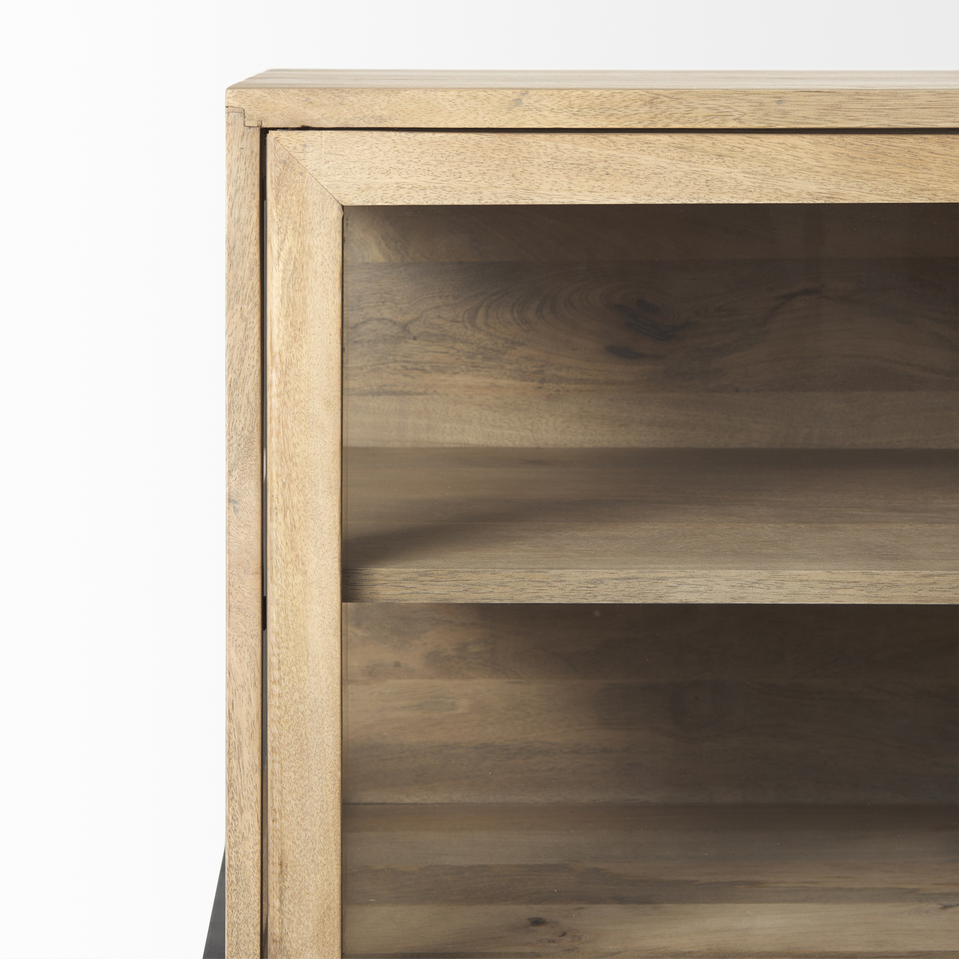 arelius 70l x 18w x 32h light brown wood, black metal base w/ 4 glass cabinet doors sideboard