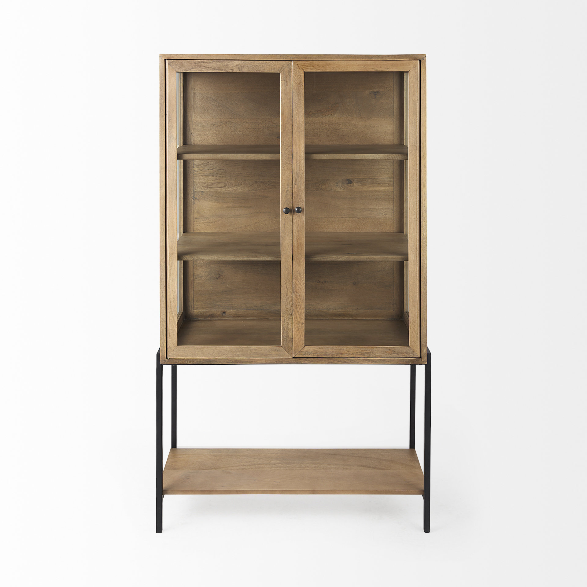 arelius 36l x 18w x 63h light brown wood w/ black metal base display cabinet