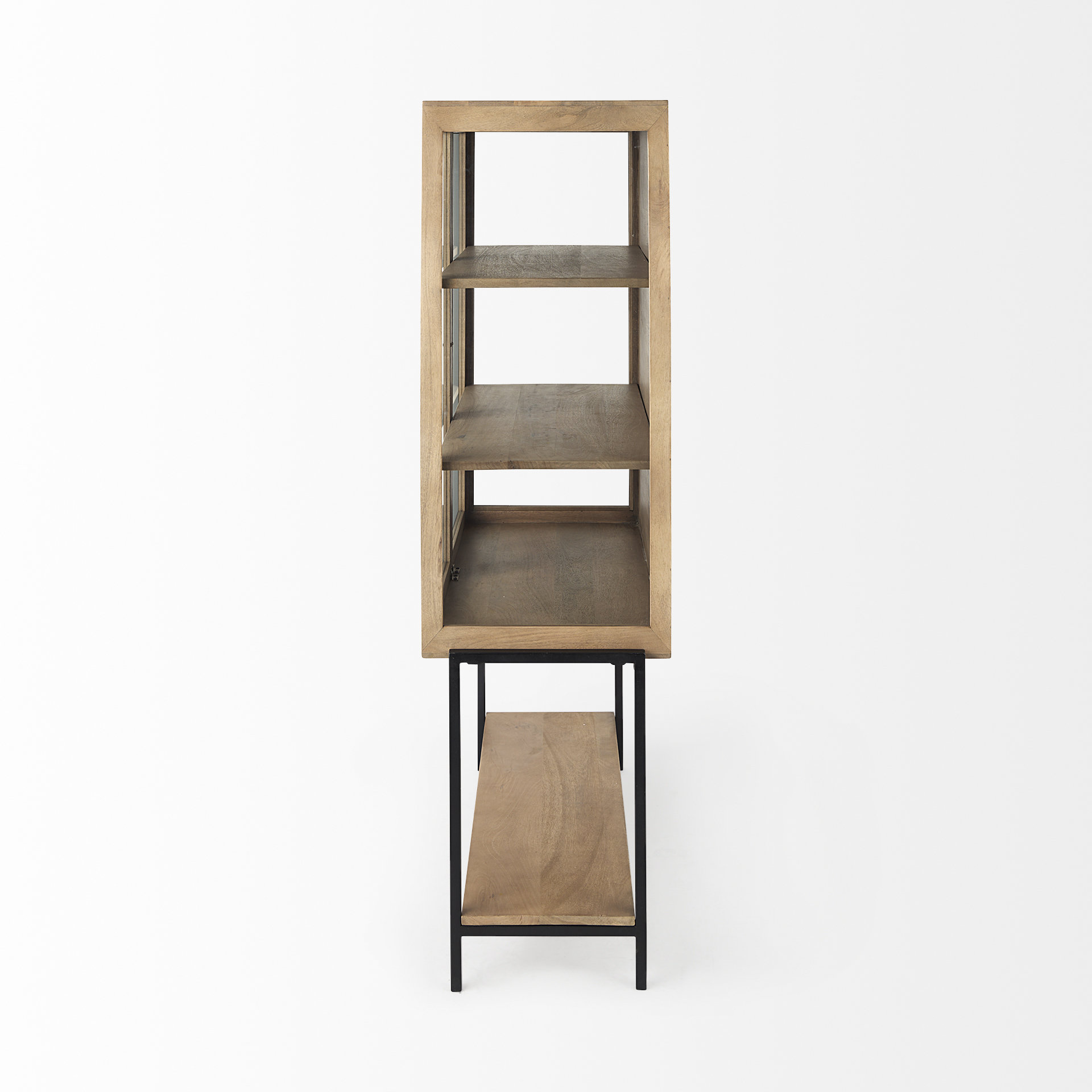arelius 36l x 18w x 63h light brown wood w/ black metal base display cabinet