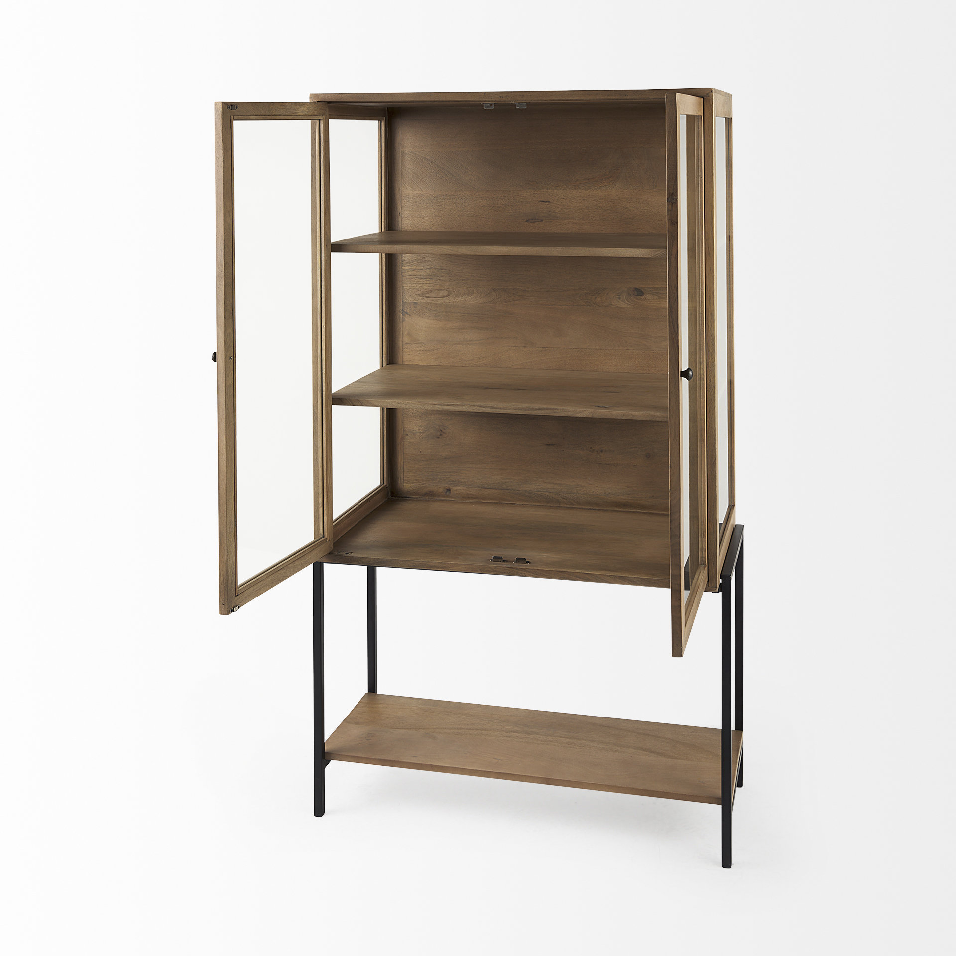 arelius 36l x 18w x 63h light brown wood w/ black metal base display cabinet