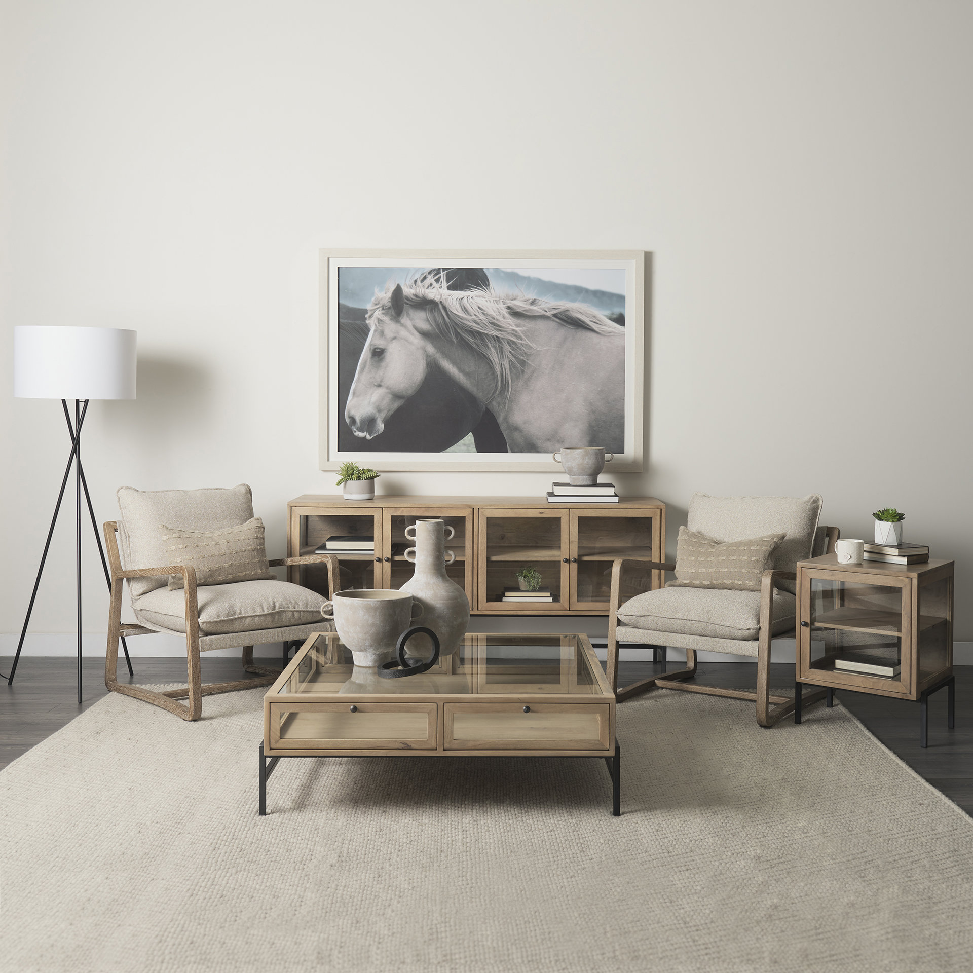 arelius 70l x 18w x 32h light brown wood, black metal base w/ 4 glass cabinet doors sideboard