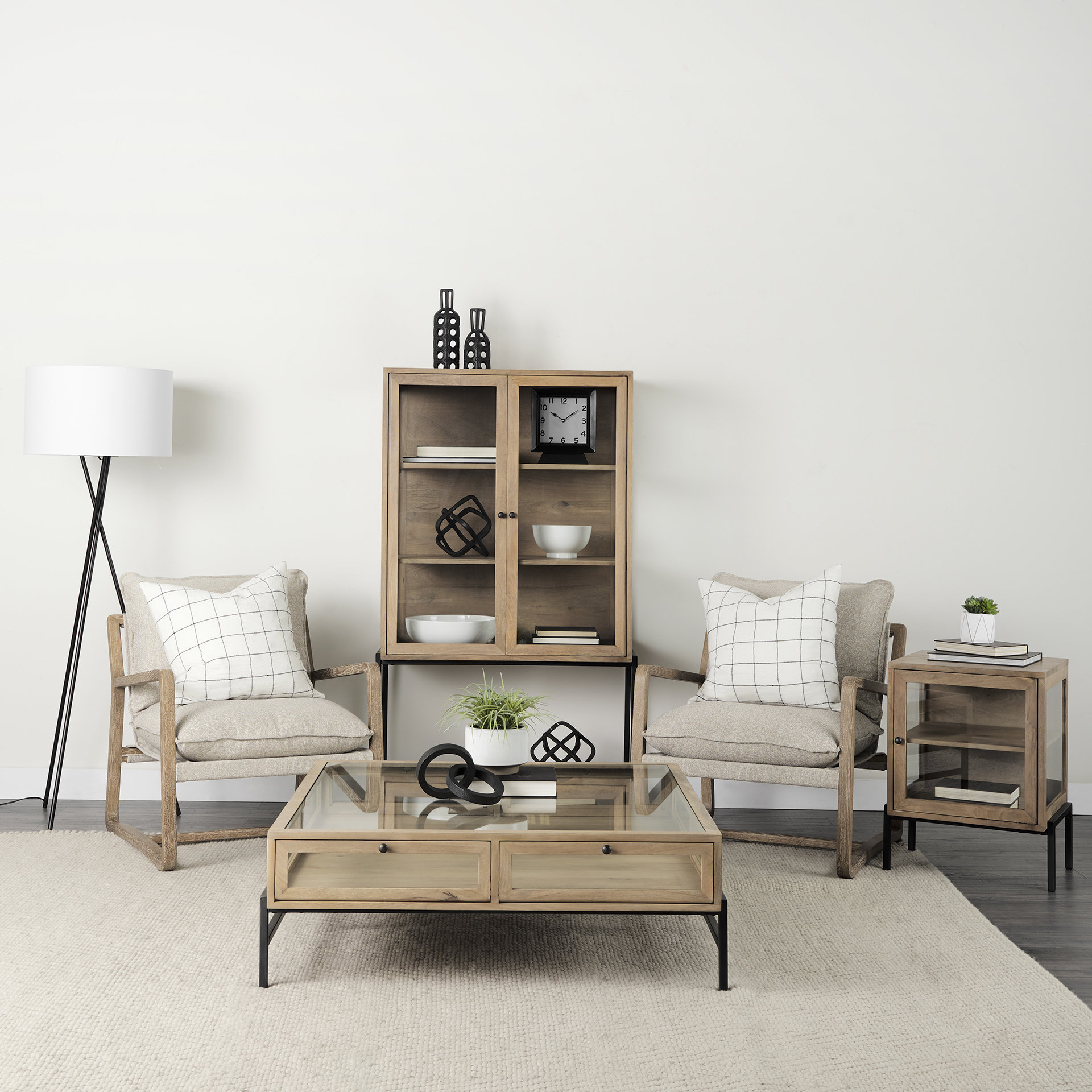 arelius 36l x 18w x 63h light brown wood w/ black metal base display cabinet