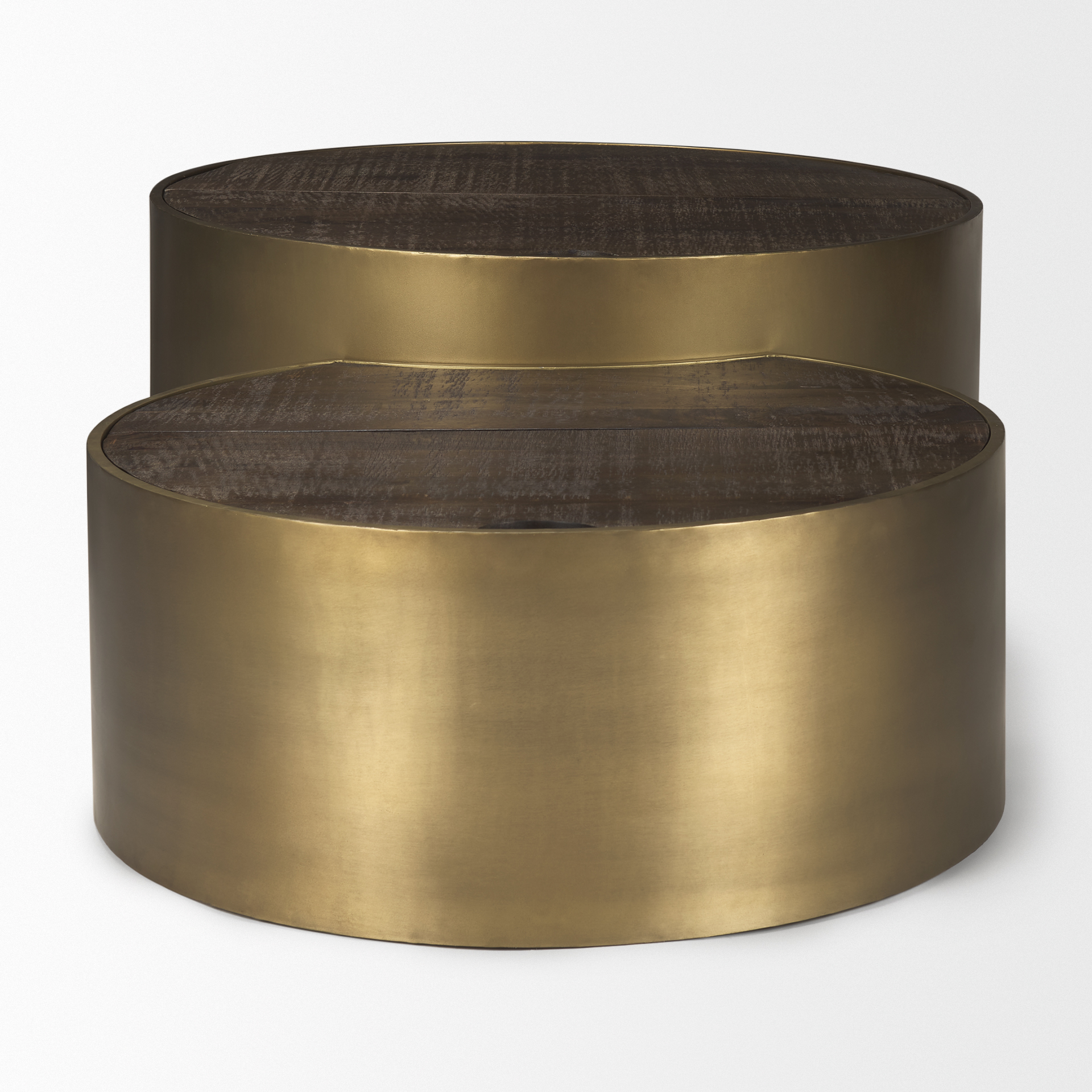 eclipse antique brass metal drum base w/ dark brown wood top nested coffee table
