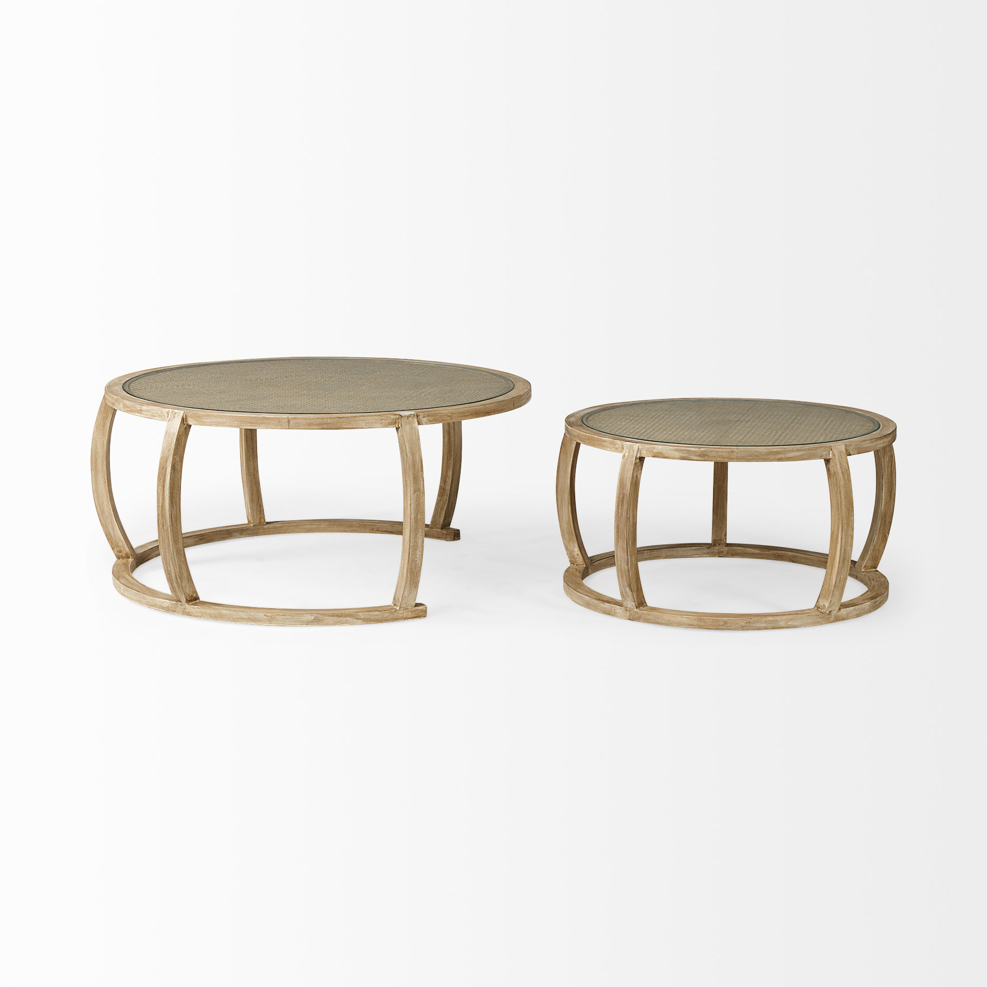 hubbard set of 2 round woven cane w/glass top solid wood base coffee tables