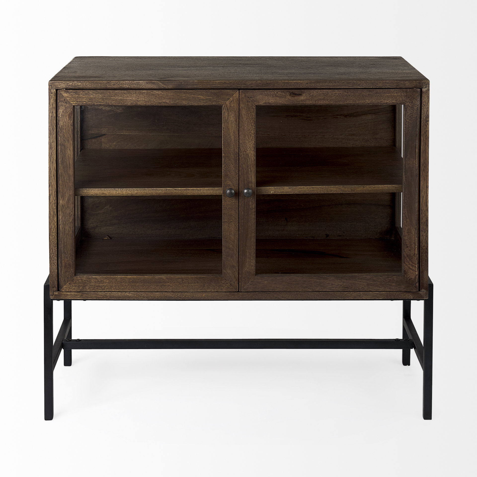 arelius 36l x 18w x 32h medium brown wood, black metal base w/ 2 glass doors accent cabinet