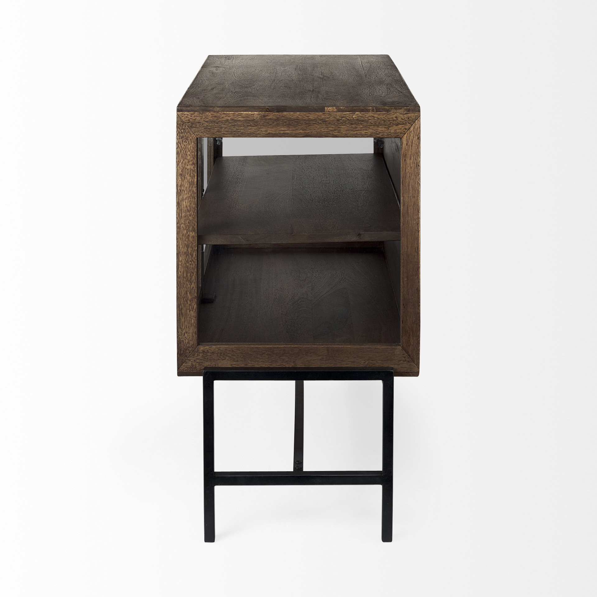 arelius 36l x 18w x 32h medium brown wood, black metal base w/ 2 glass doors accent cabinet