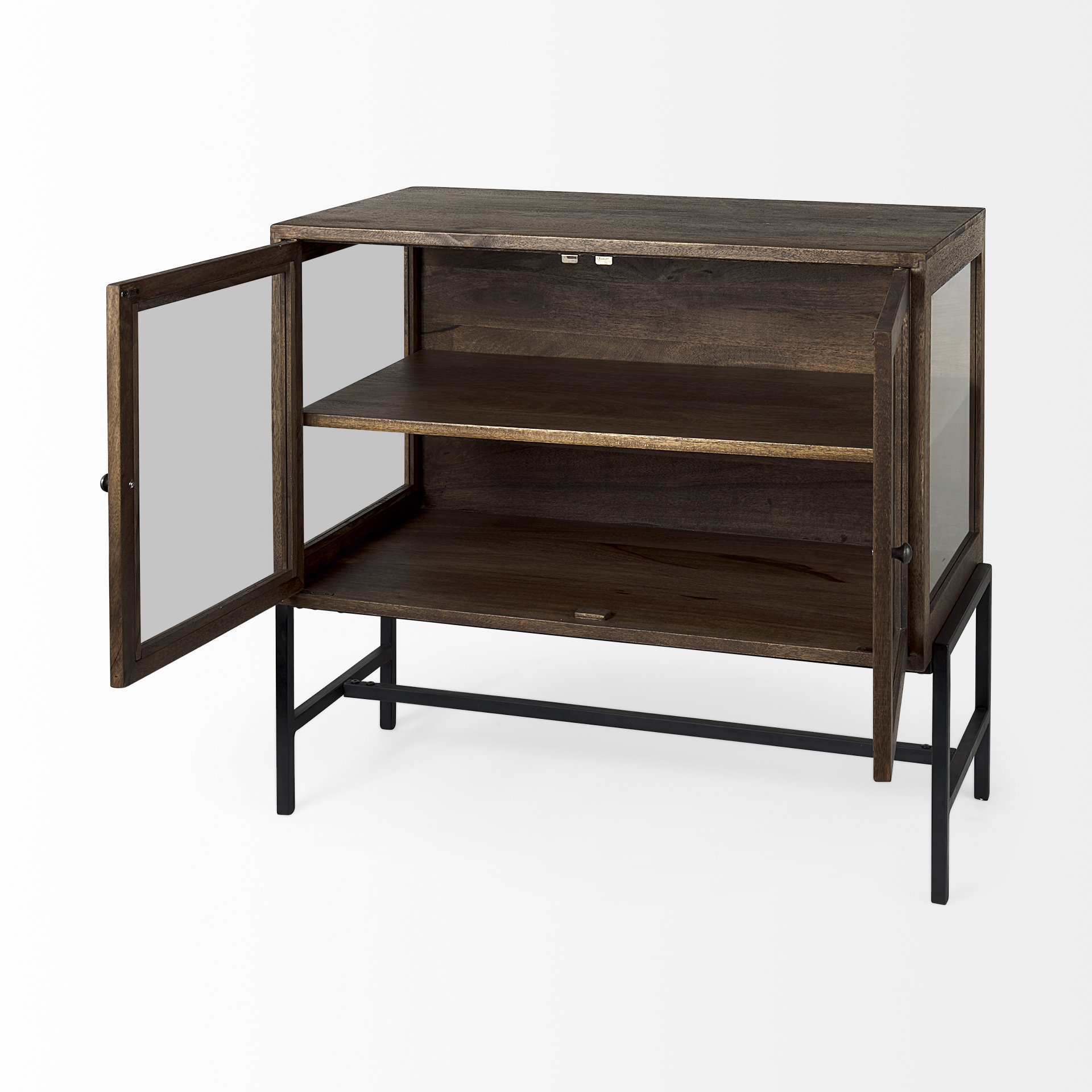 arelius 36l x 18w x 32h medium brown wood, black metal base w/ 2 glass doors accent cabinet