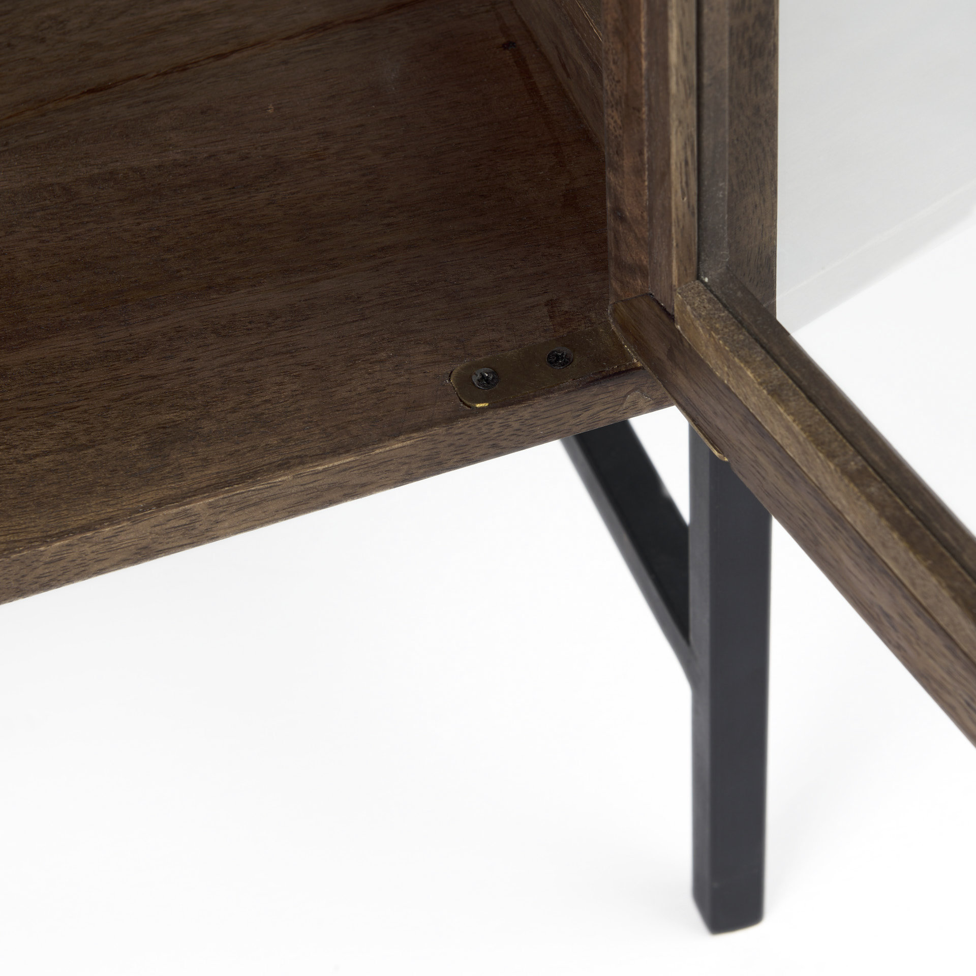 arelius 36l x 18w x 32h medium brown wood, black metal base w/ 2 glass doors accent cabinet