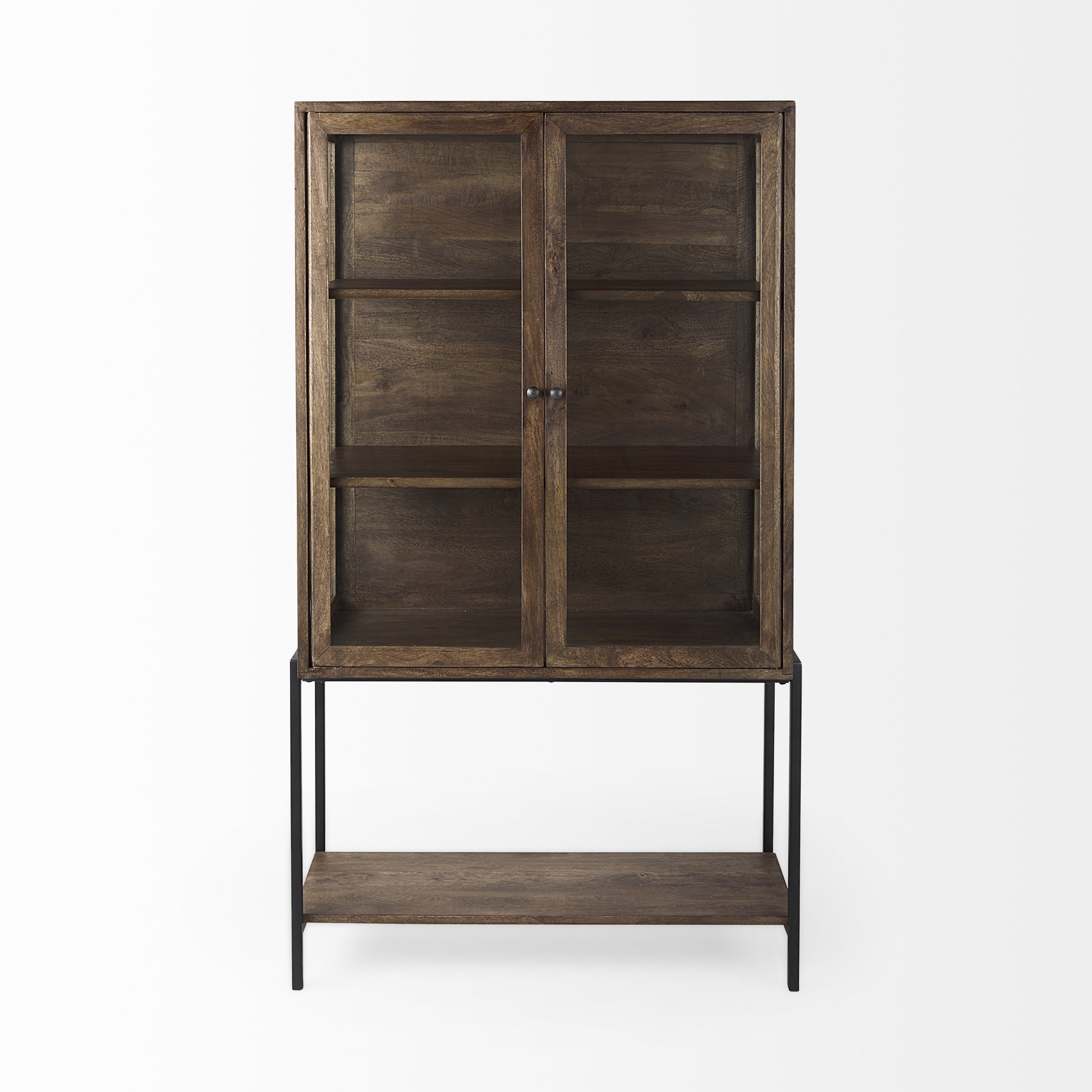 arelius 36l x 18w x 63h medium brown wood w/ black metal base display cabinet
