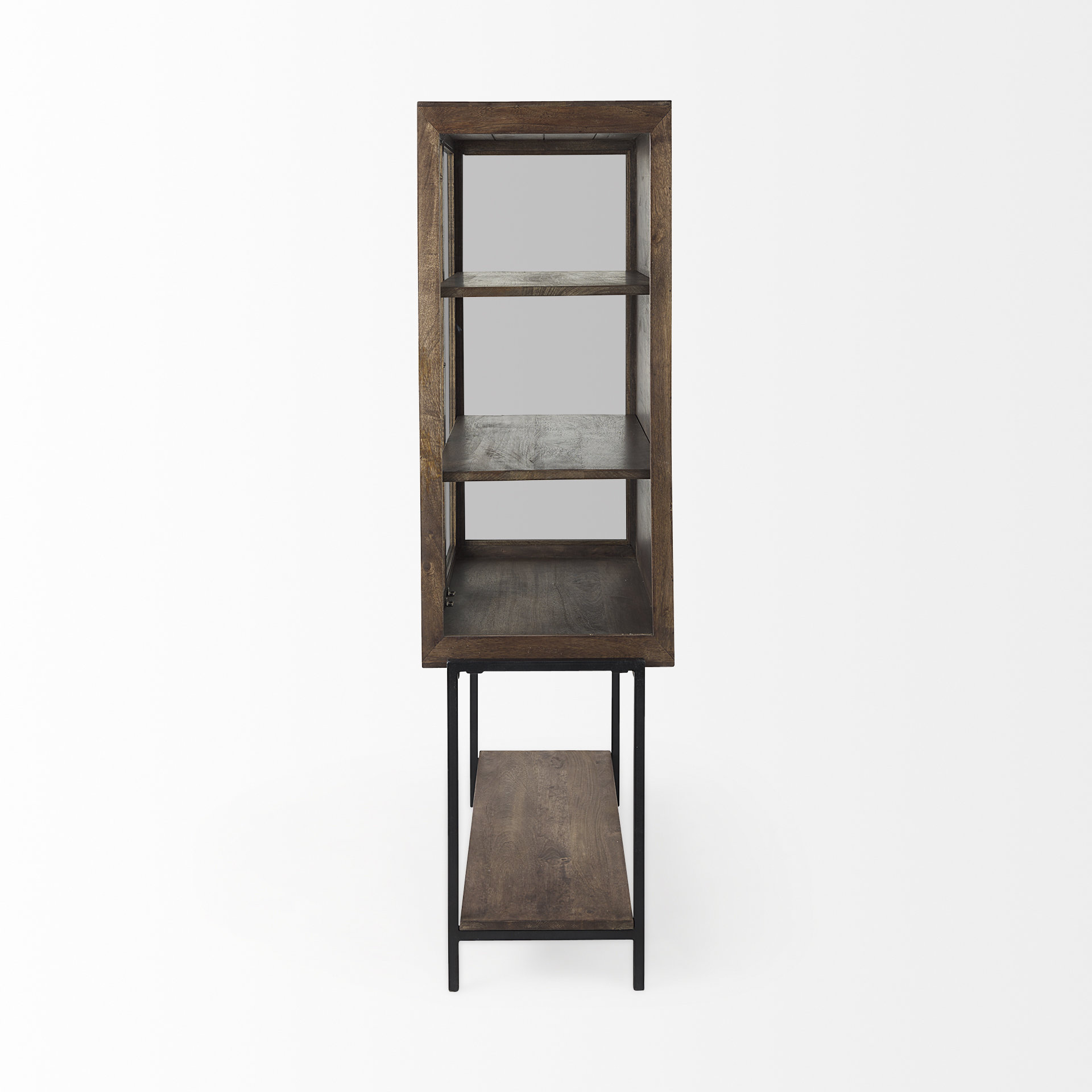 arelius 36l x 18w x 63h medium brown wood w/ black metal base display cabinet