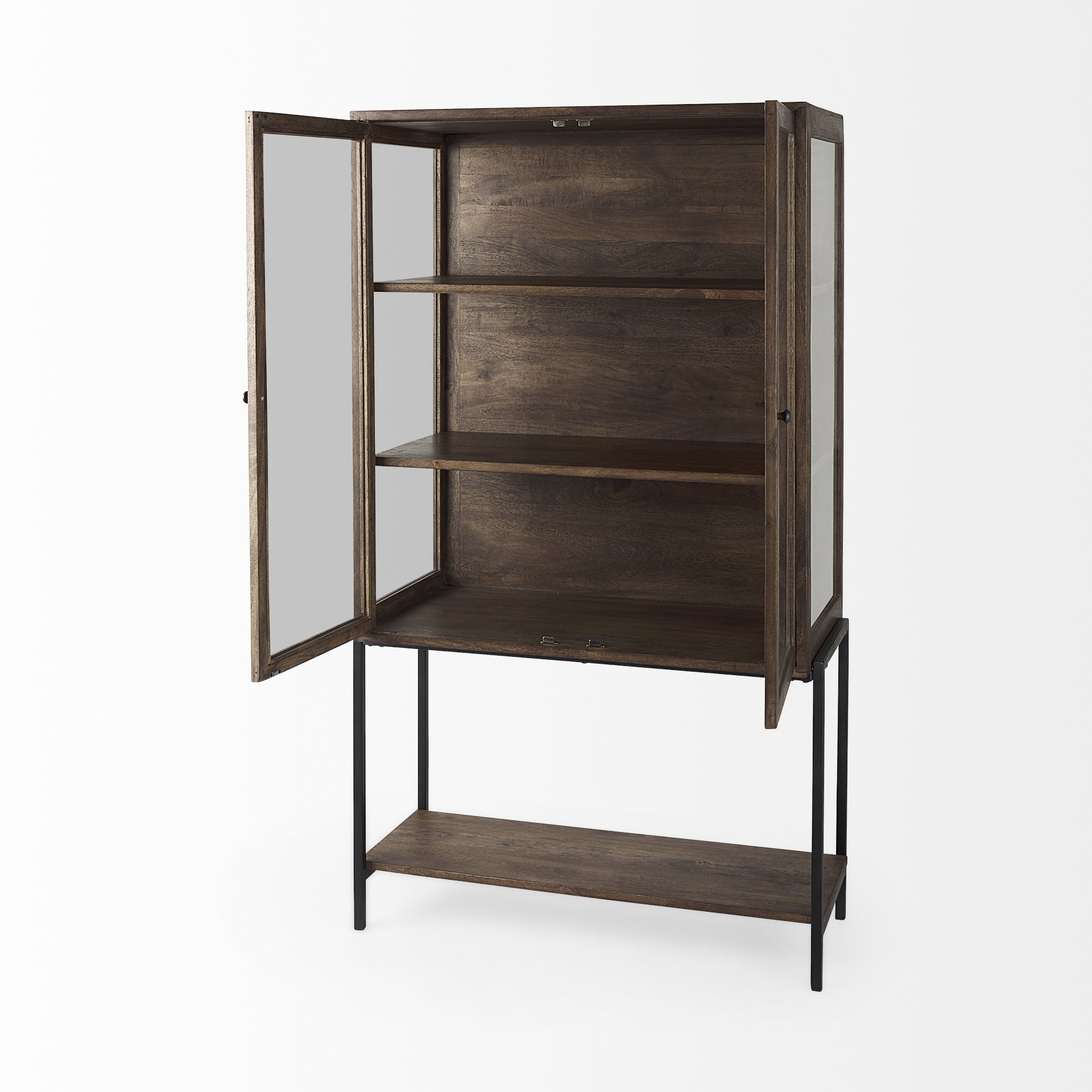 arelius 36l x 18w x 63h medium brown wood w/ black metal base display cabinet