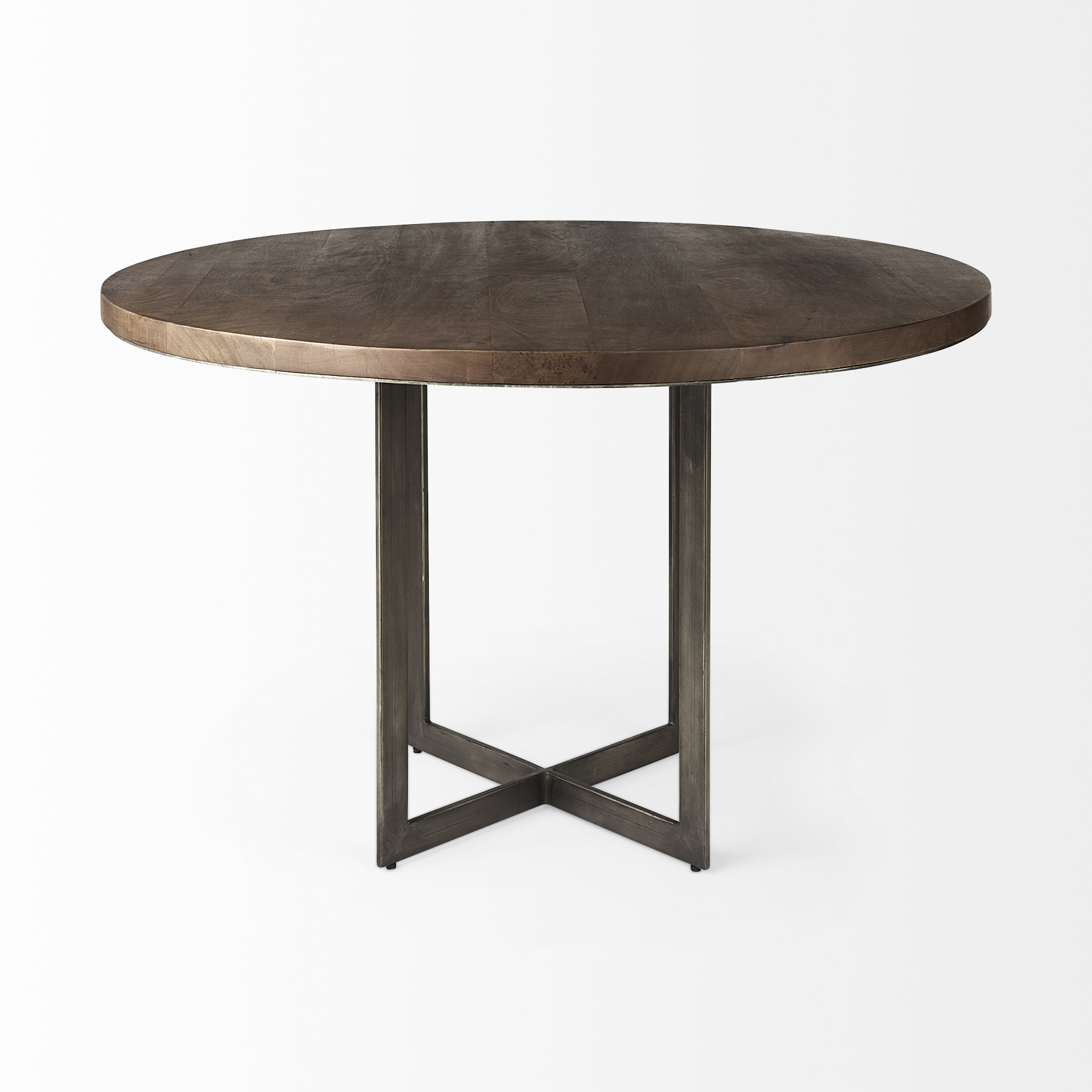 faye i 48l x 48w x 30h medium brown wood w/antique nickel metal base round dining table