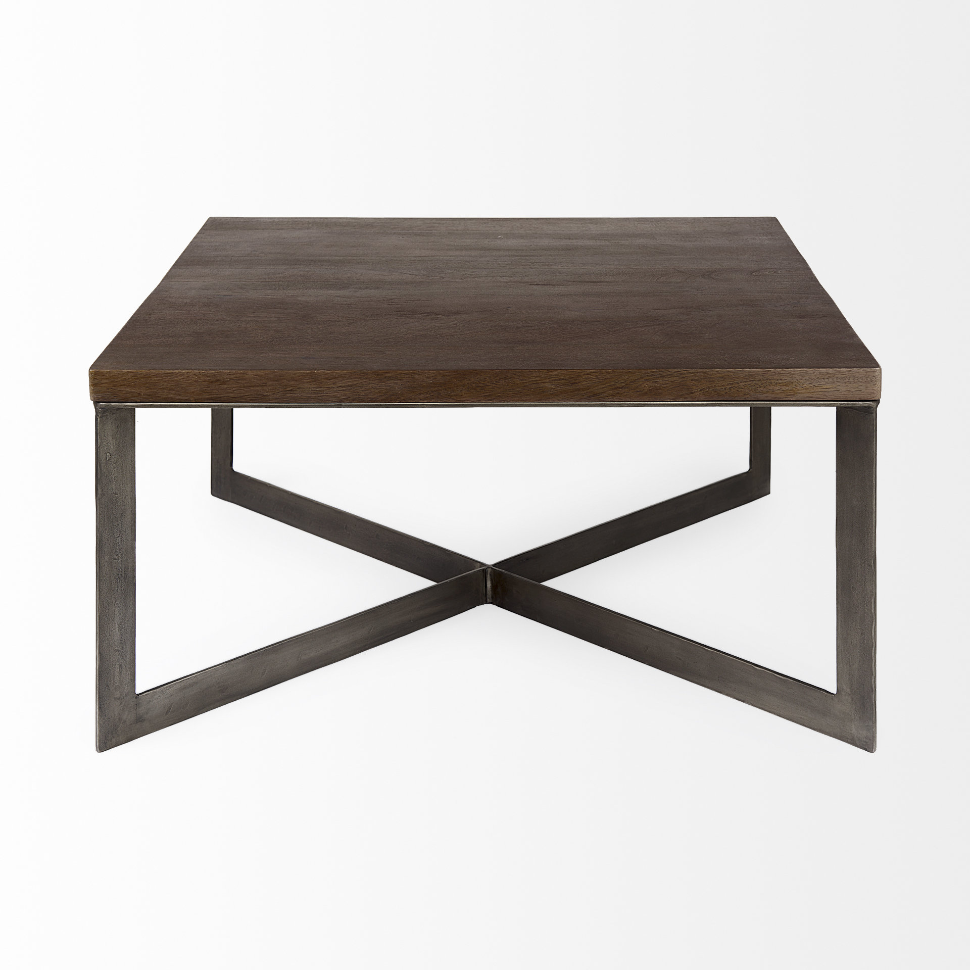 faye 34l x 34w x 17h medium brown wood w/antique nickel metal base square coffee table