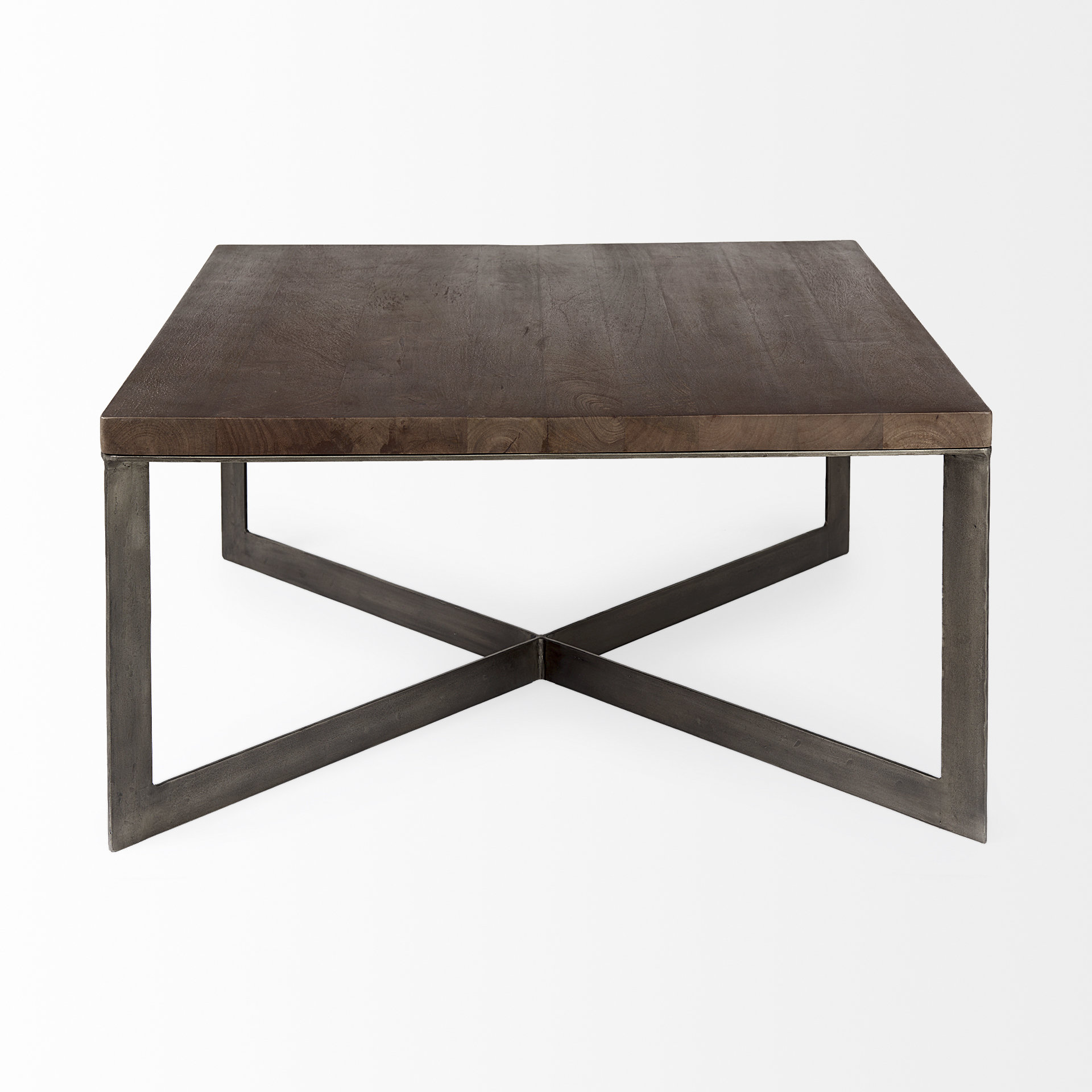 faye 34l x 34w x 17h medium brown wood w/antique nickel metal base square coffee table