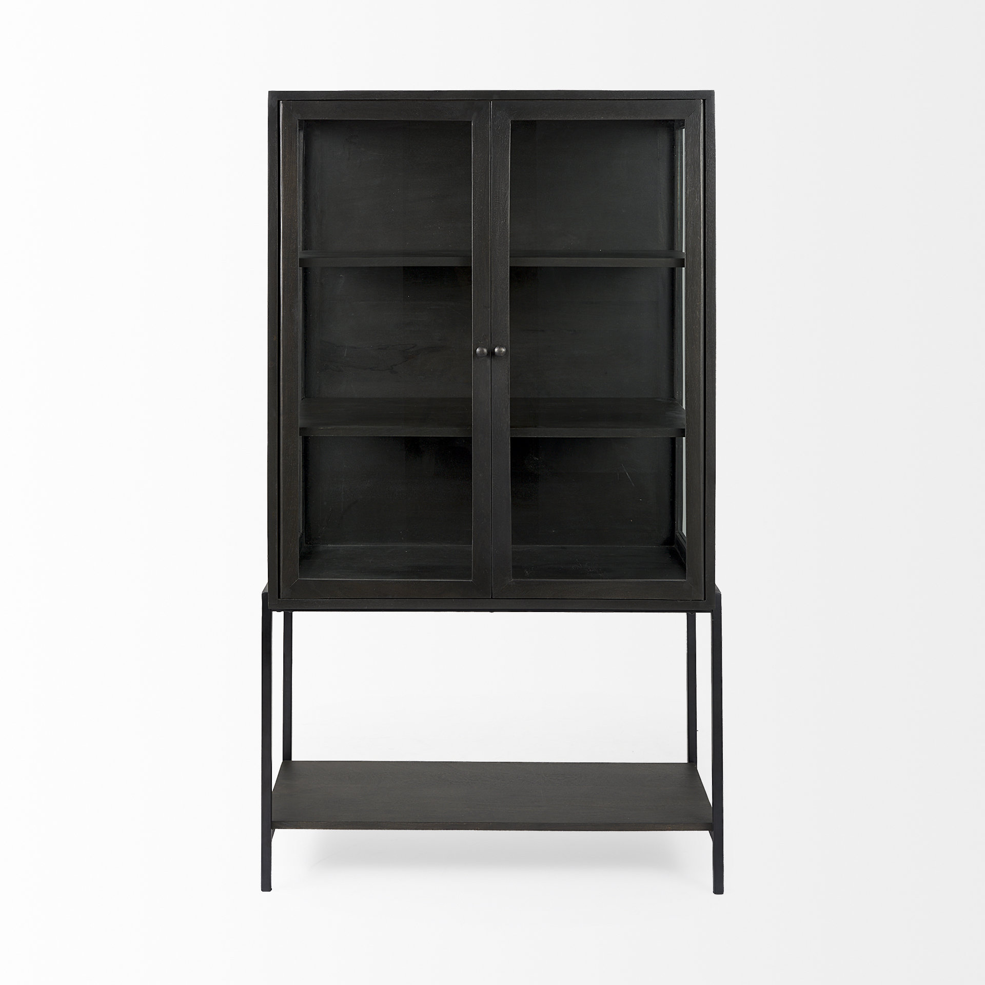 arelius 36l x 18w x 63h black-brown wood w/ black metal base display cabinet