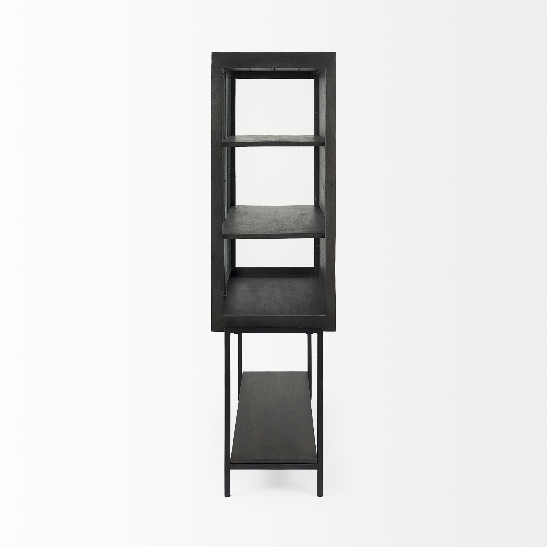arelius 36l x 18w x 63h black-brown wood w/ black metal base display cabinet