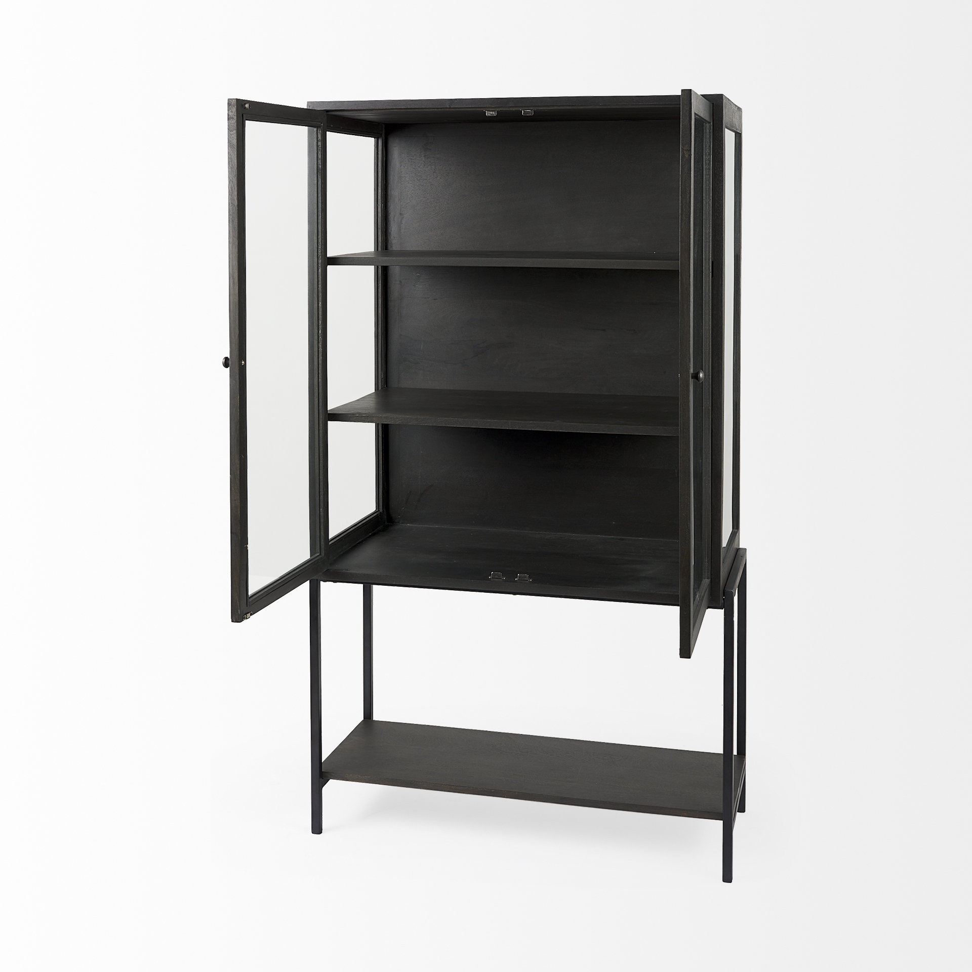 arelius 36l x 18w x 63h black-brown wood w/ black metal base display cabinet
