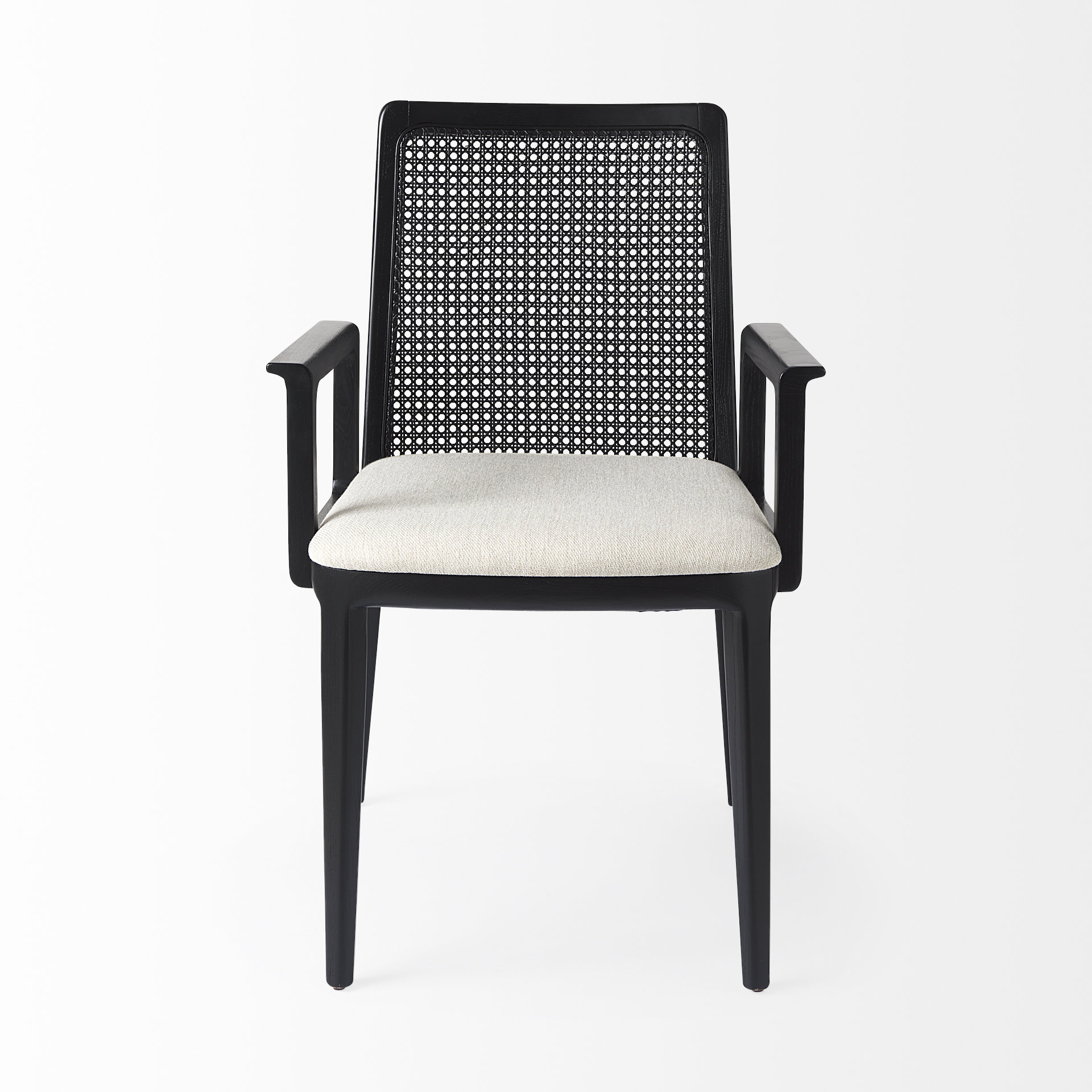 clara black wood w/ cream fabric seat and cane back dining chair