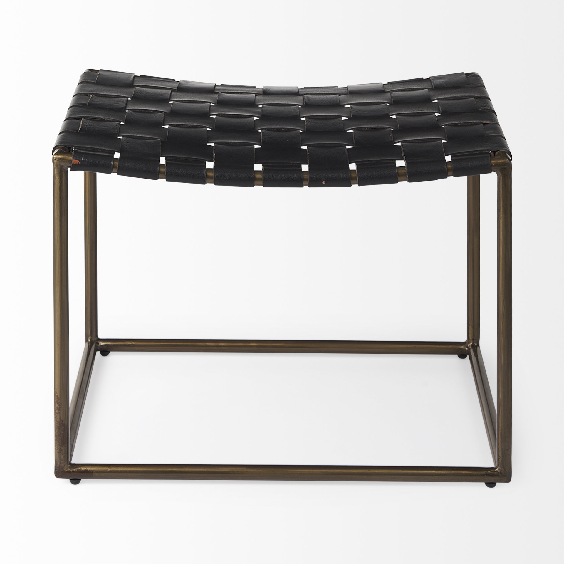 Clarissa 22.0L x 16.0W x 16.75H Black Leather Woven Seat W/ Gold Metal Frame Stool
