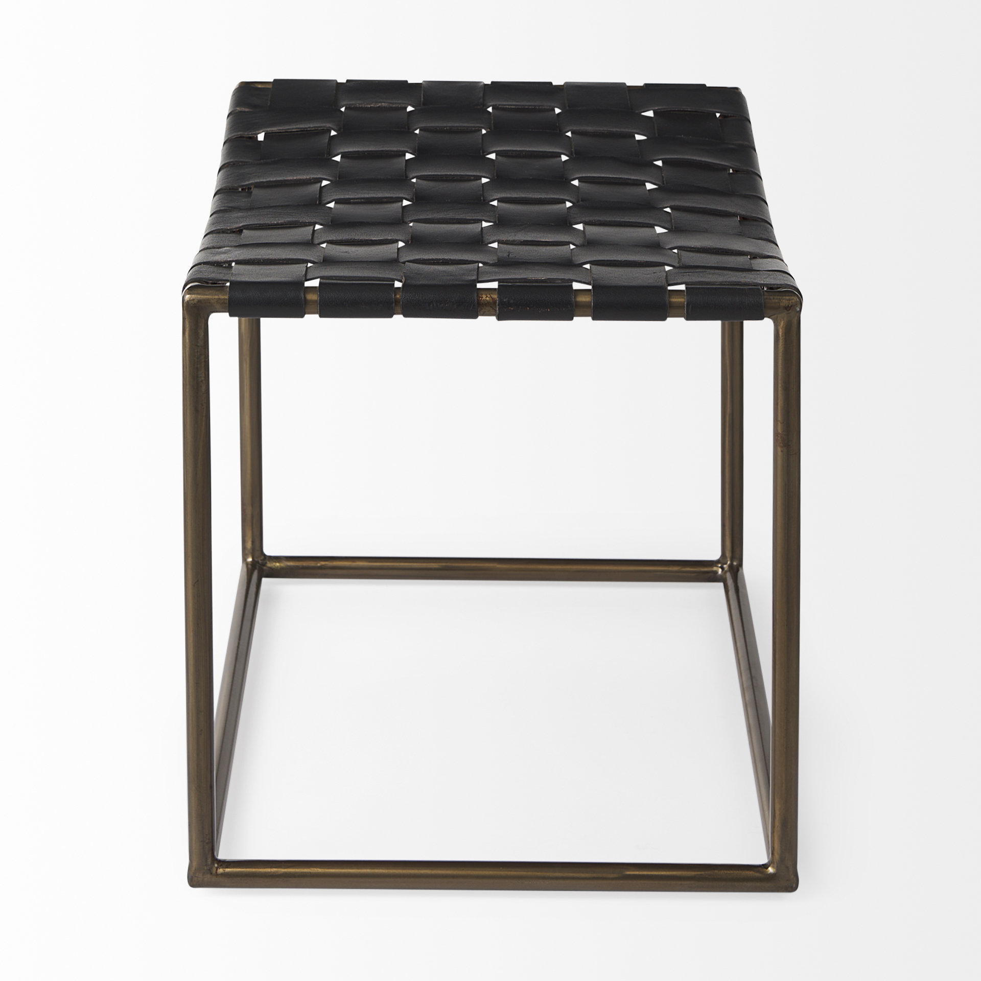 Clarissa 22.0L x 16.0W x 16.75H Black Leather Woven Seat W/ Gold Metal Frame Stool