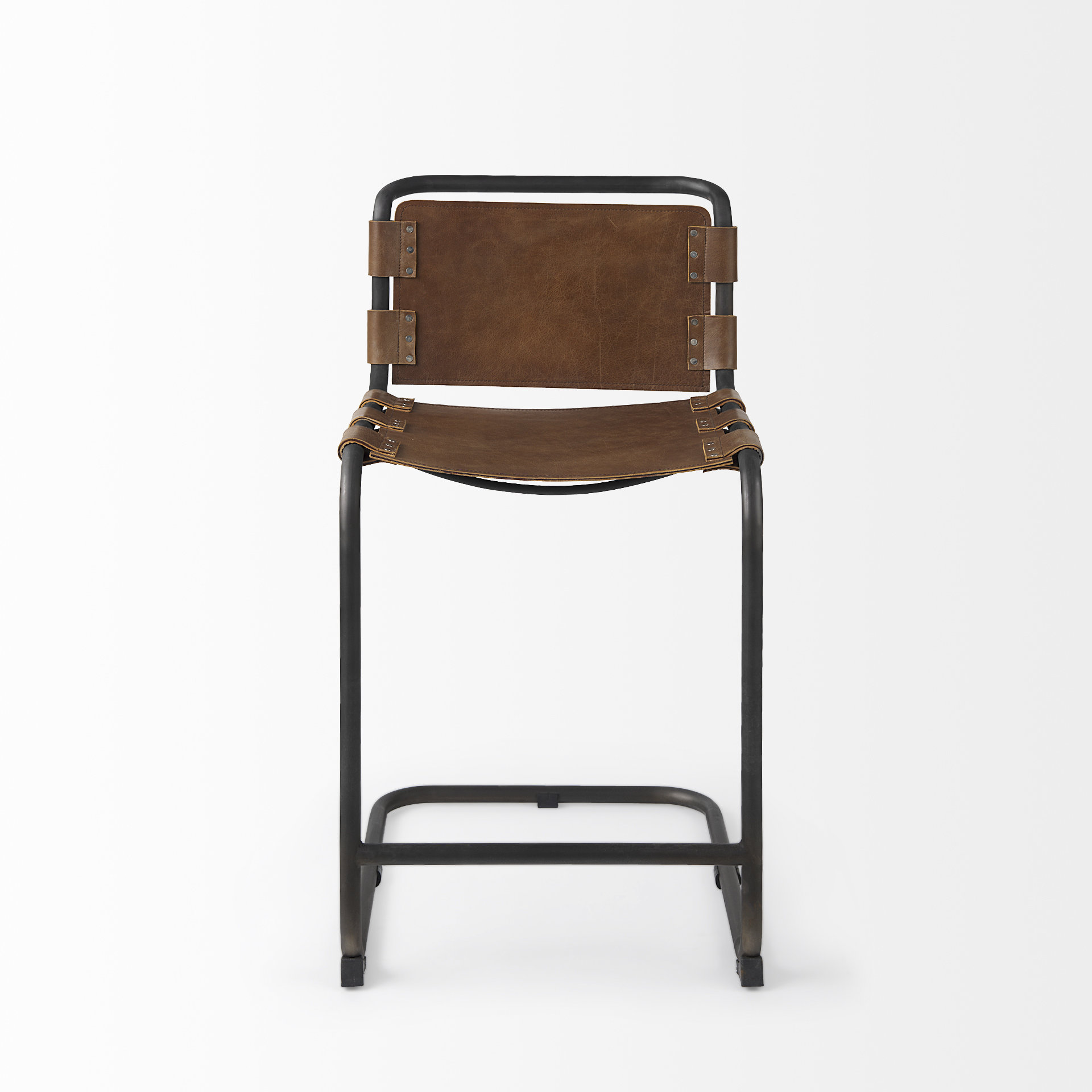berbick 20.5 x 24.75 x 39 medium brown leather w/ iron frame counter stool