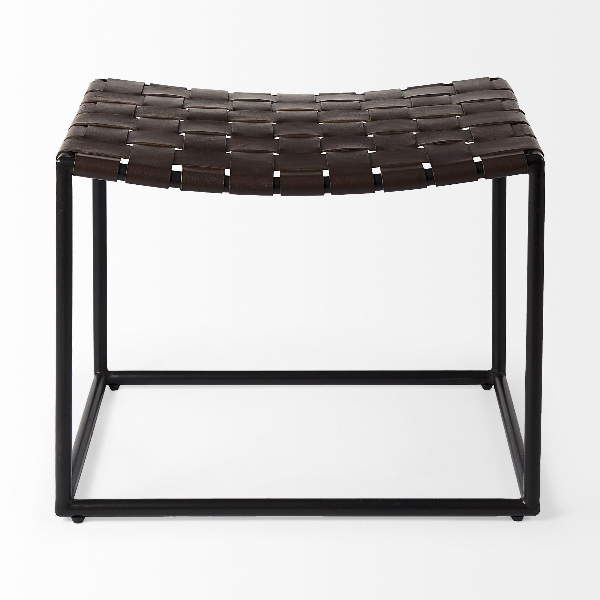 clarissa 22.0l x 16.0w x 16.5h brown leather woven seat w/ black metal frame stool