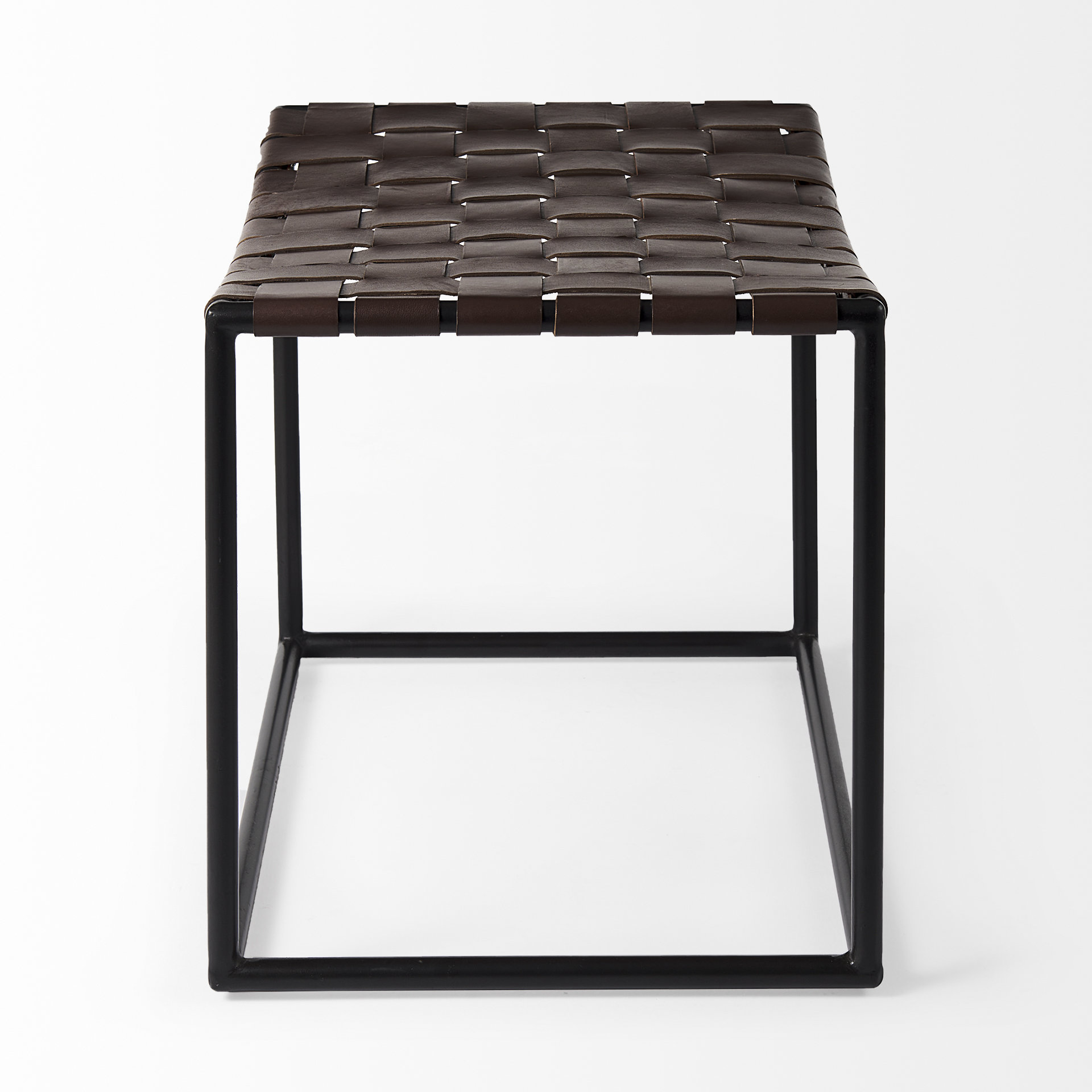 clarissa 22.0l x 16.0w x 16.5h brown leather woven seat w/ black metal frame stool