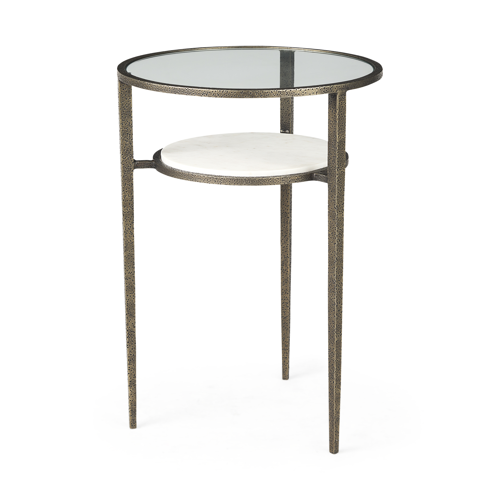 felicity 15.8l x 15.8w x 22.5h glass top w/ white marble shelf and antique gold base end/side table