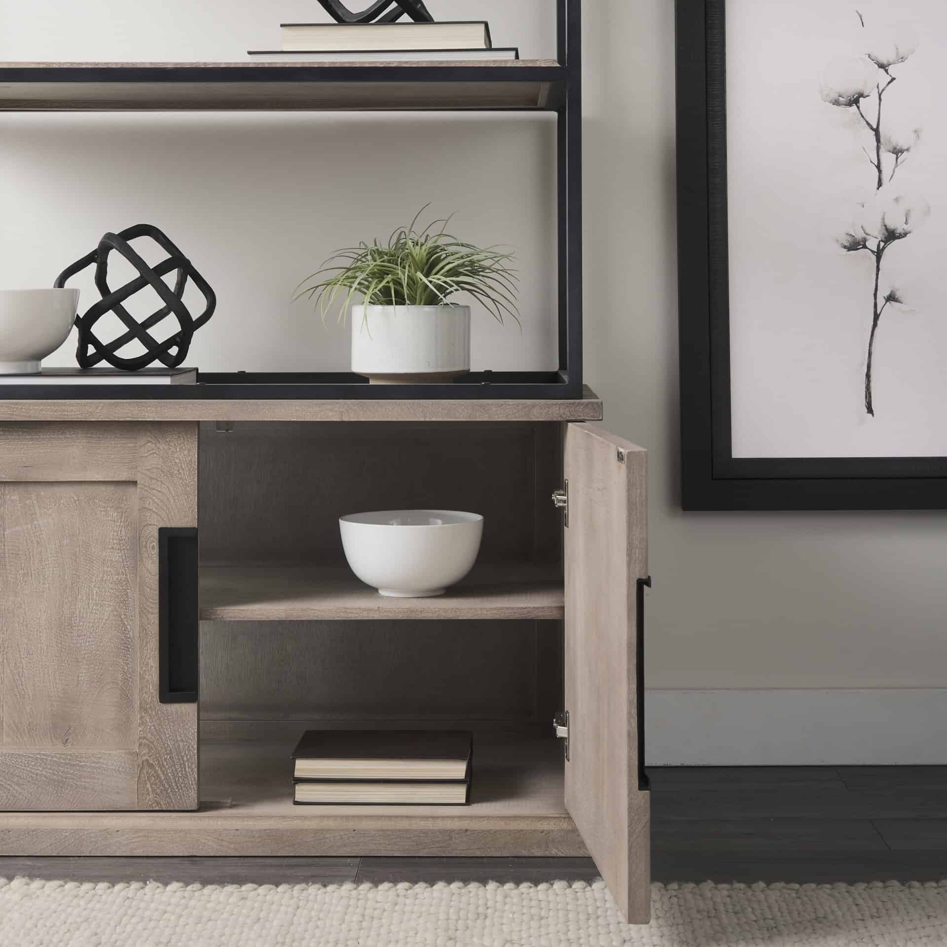 braxton ii light brown wood and iron three shelf shelving unit 41.5l x 18.5w x 9