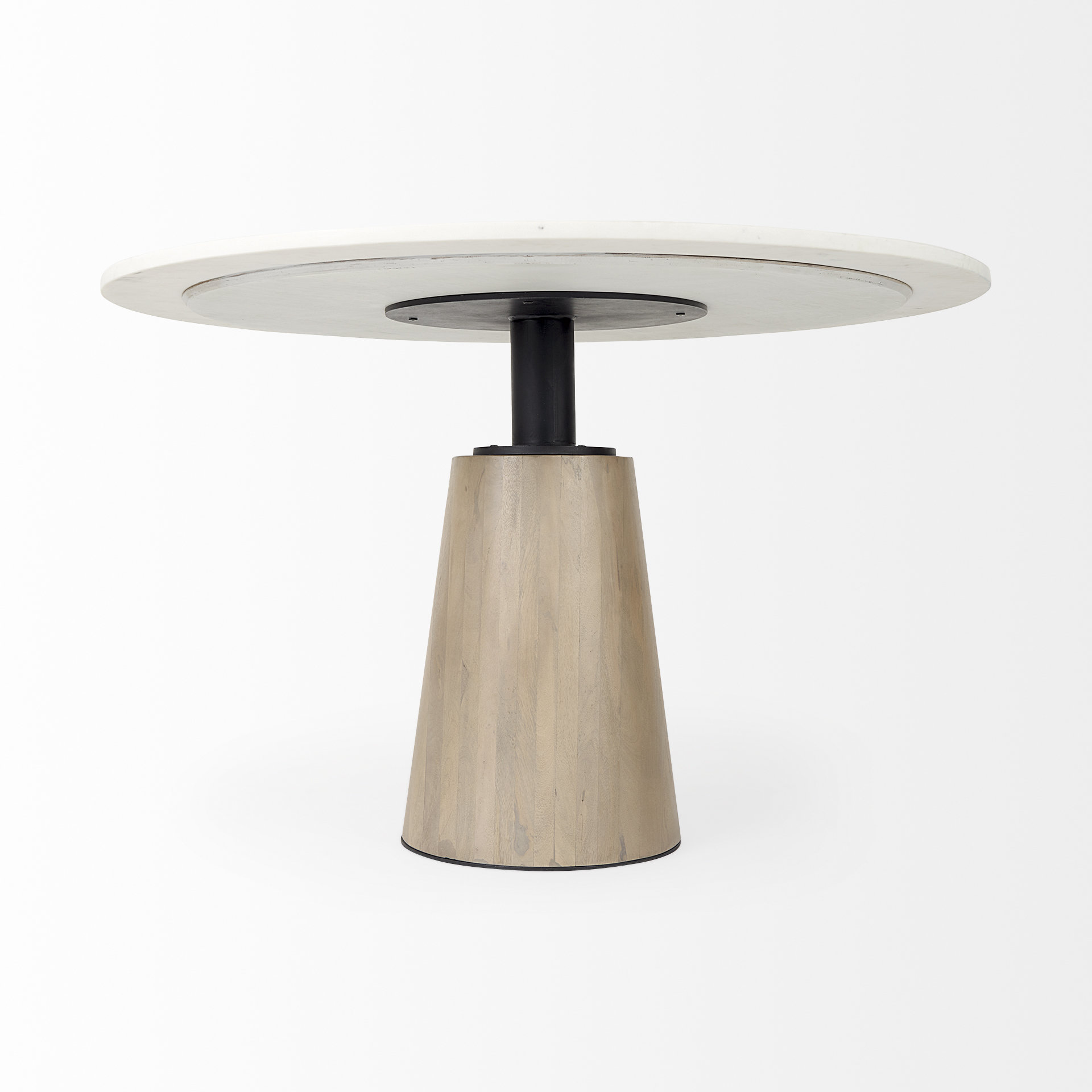 maxwell 48l x 48w x 30h white marble round top w/ black metal and wood pedestal base dining table