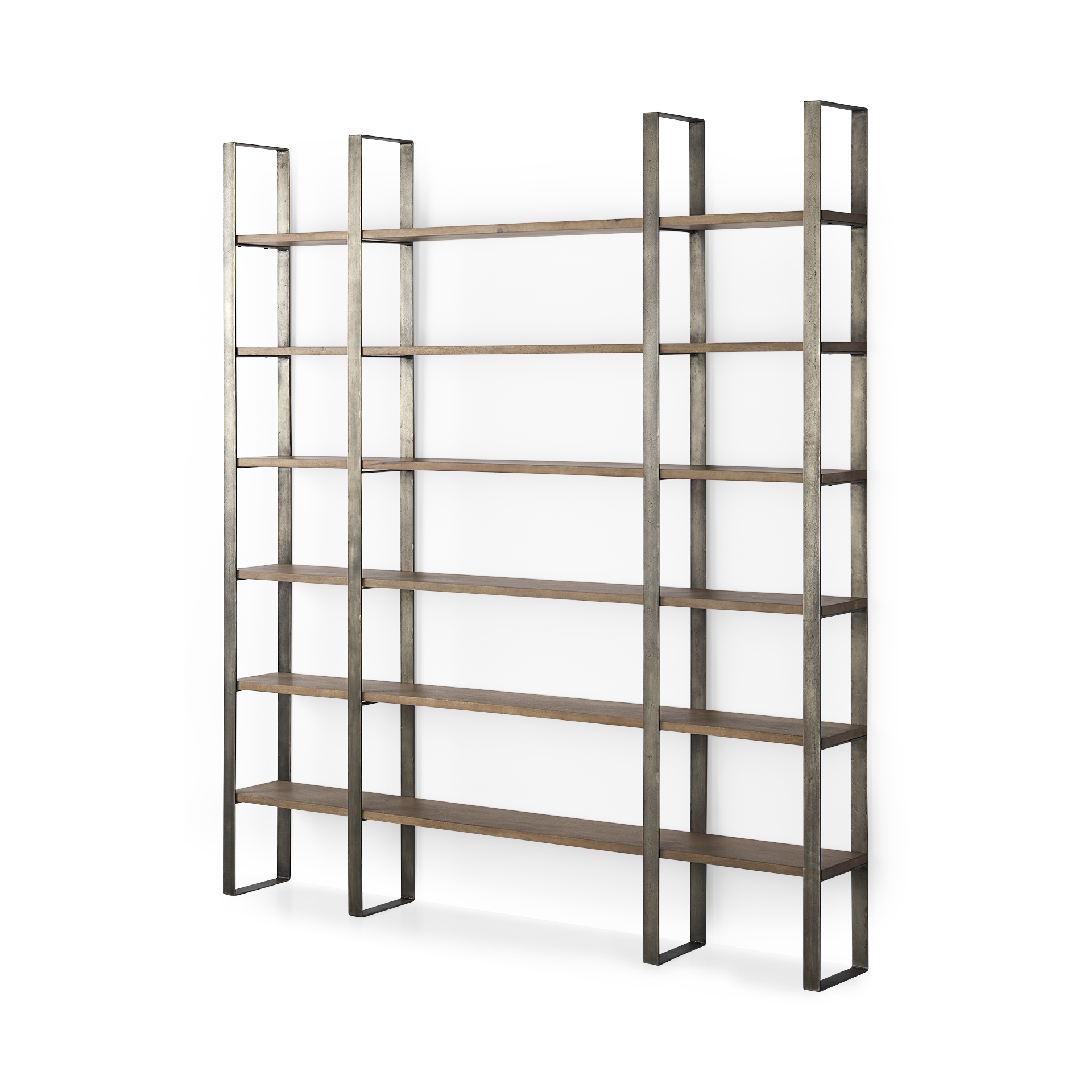 taunton 80l x 10.5w x 90h medium brown wood w/ antique nickel metal frame 6 tier shelving unit