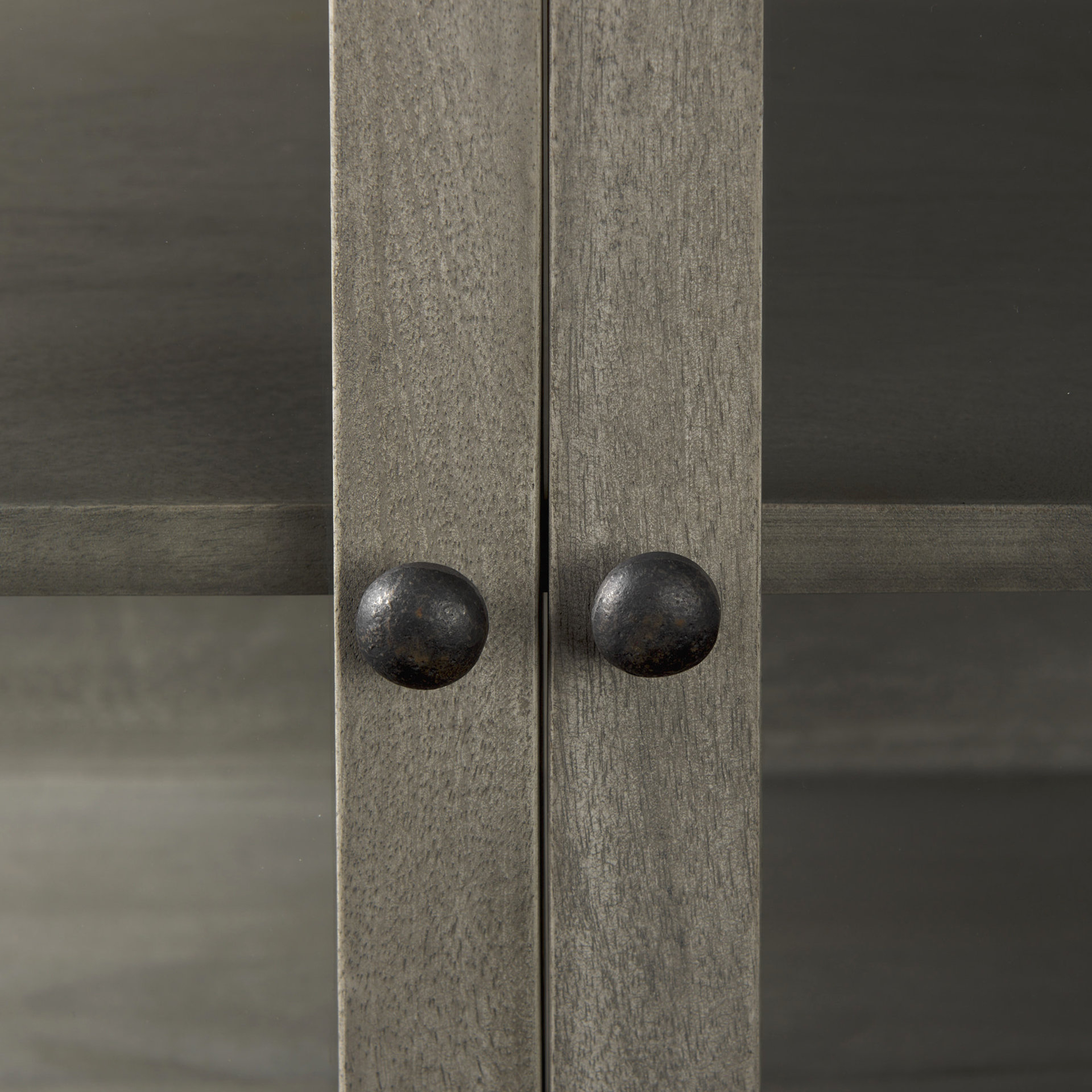 arelius 36l x 18w x 32h gray wood, black metal base w/ 2 glass doors accent cabinet