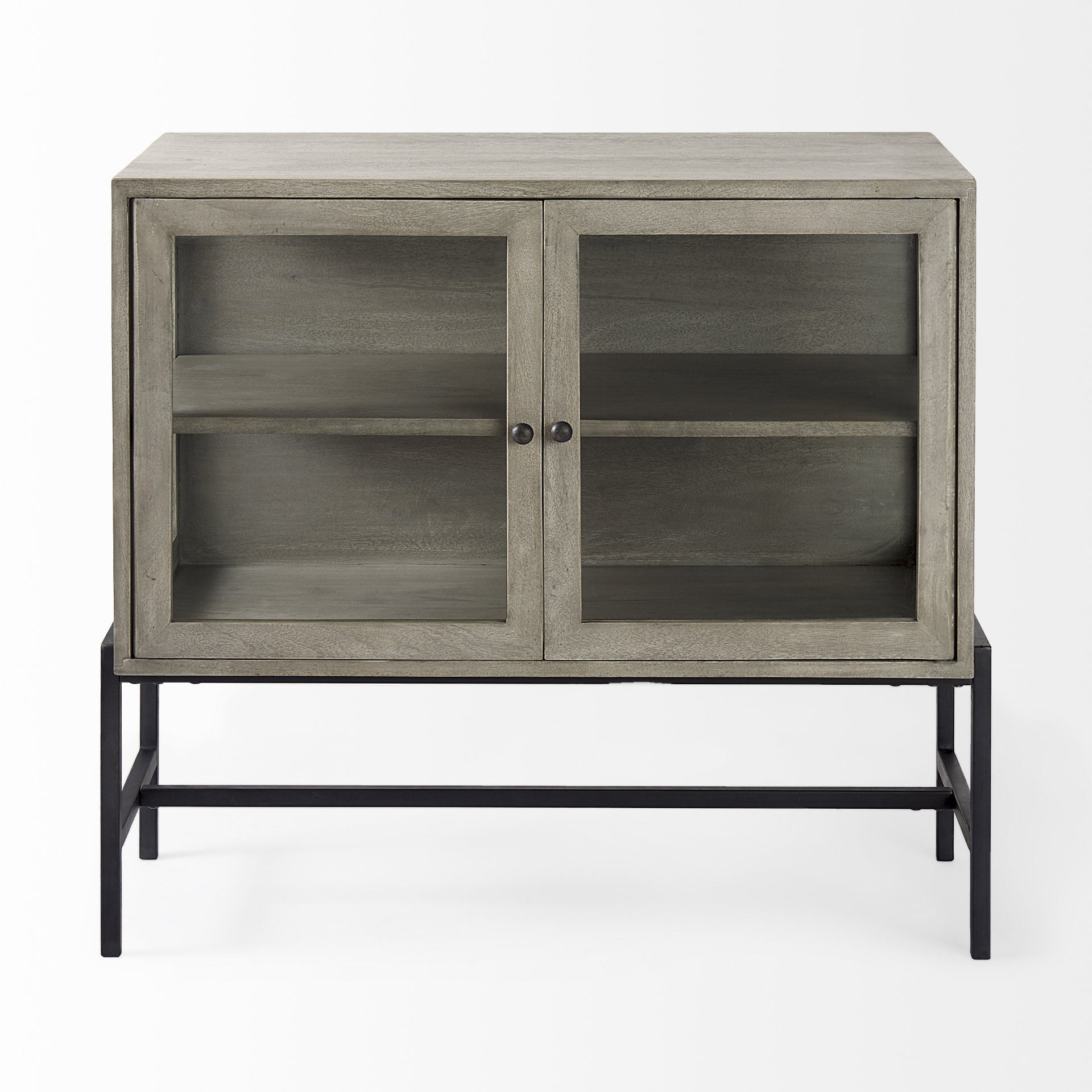 arelius 36l x 18w x 32h gray wood, black metal base w/ 2 glass doors accent cabinet